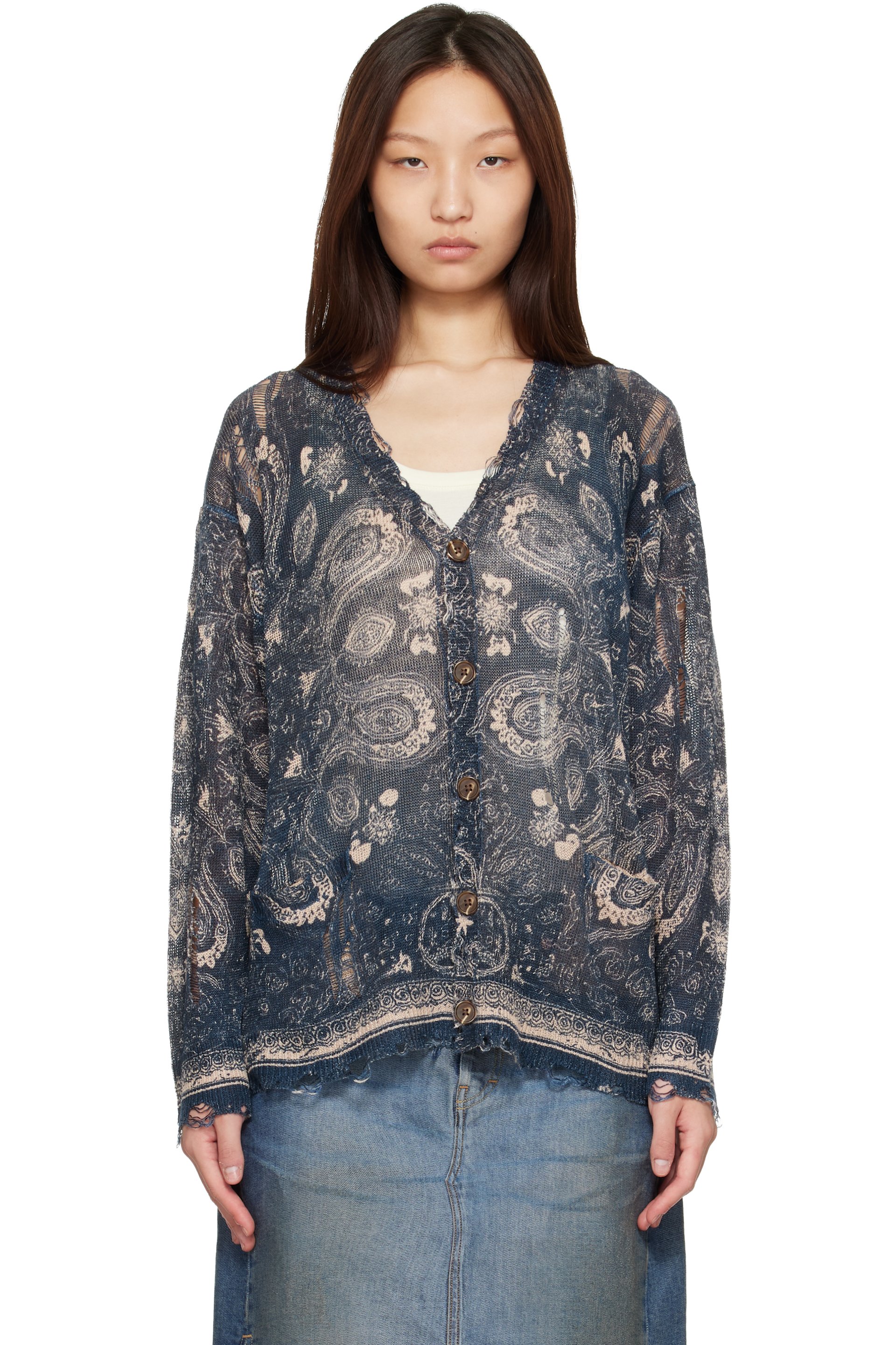 R13 - Cardigan boyfriend bleu à motif imprimé