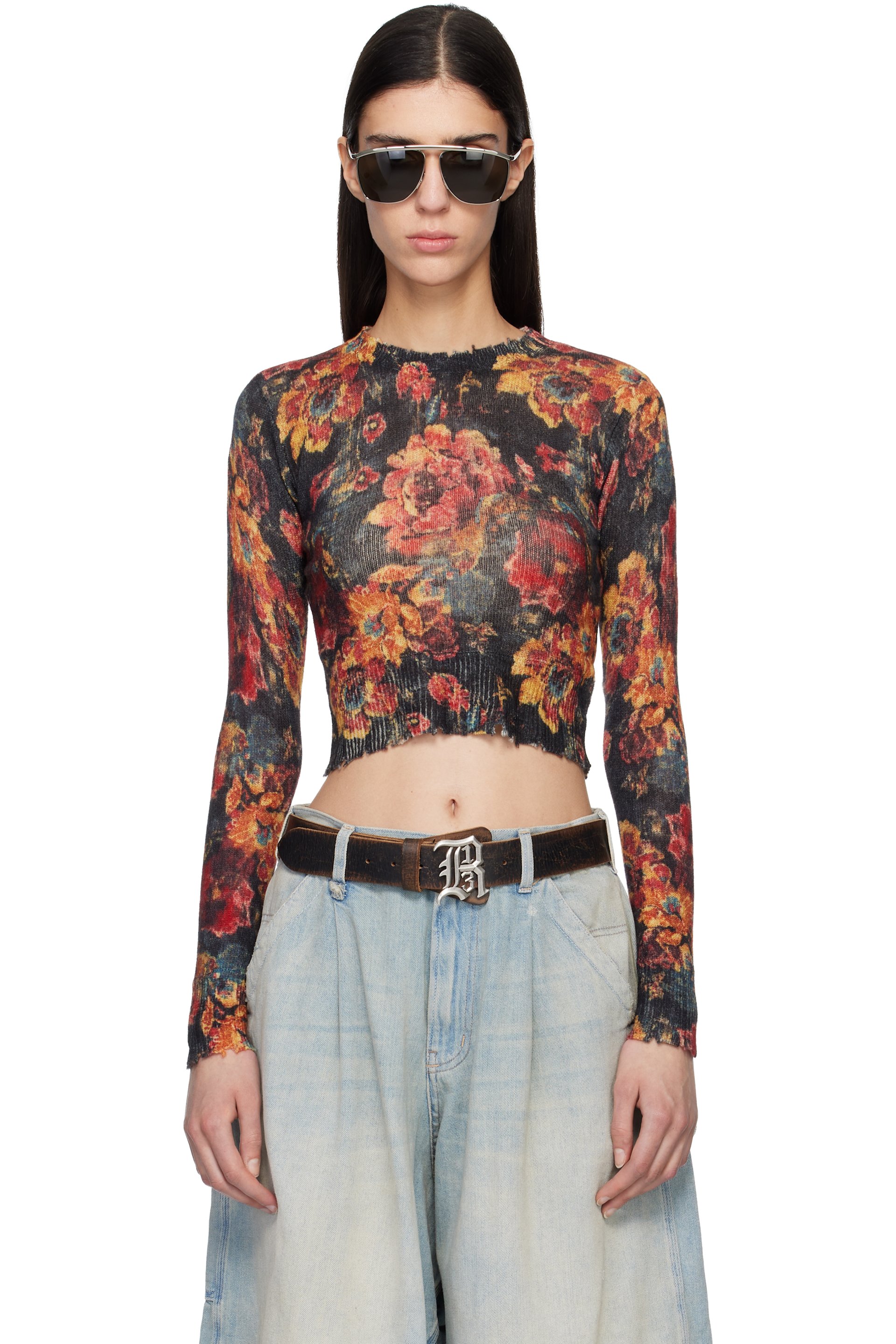 R13 - Micro pull noir et orange à motif imprimé et à col ras du cou