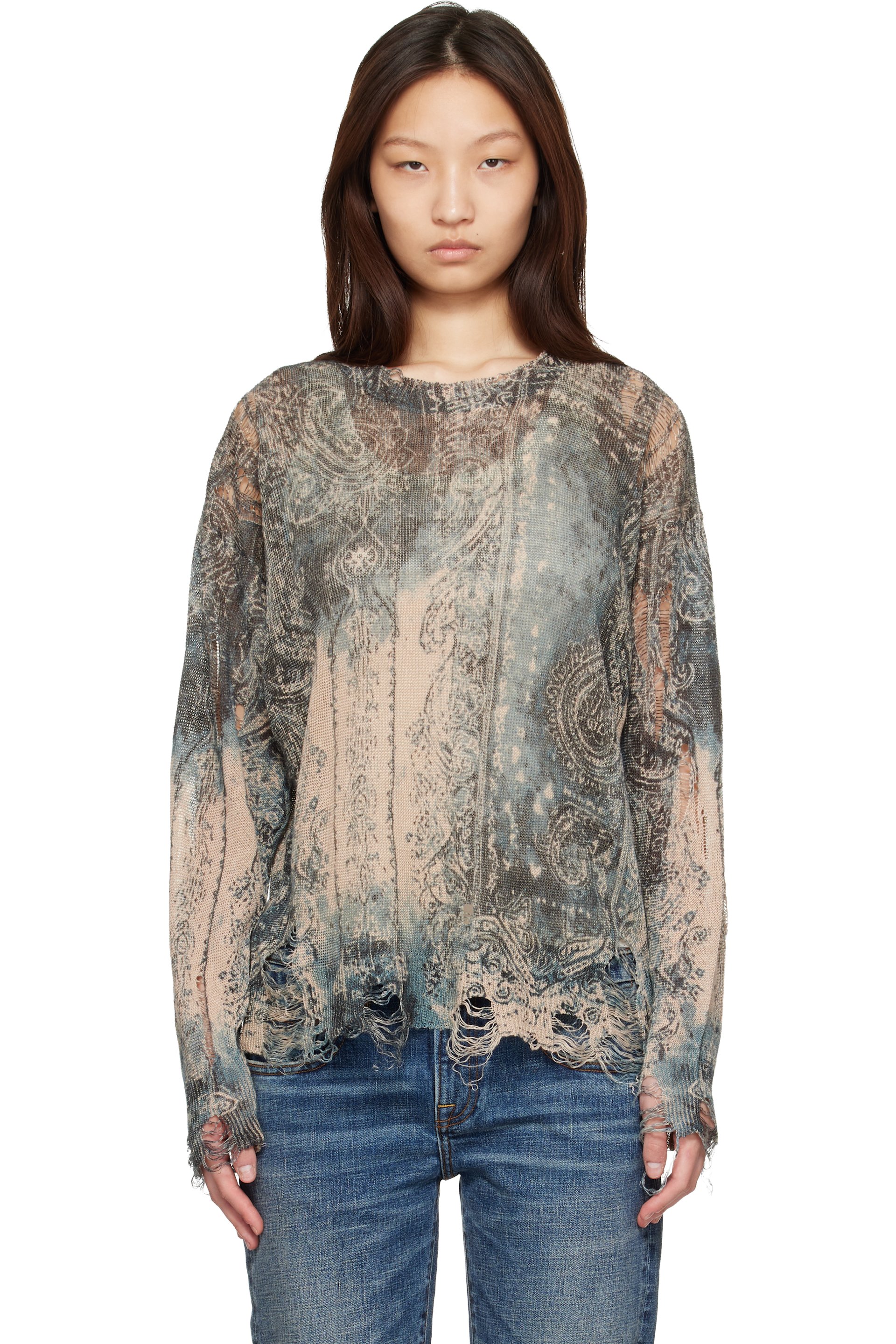 R13 - Pull boyfriend bleu et beige à motif imprimé