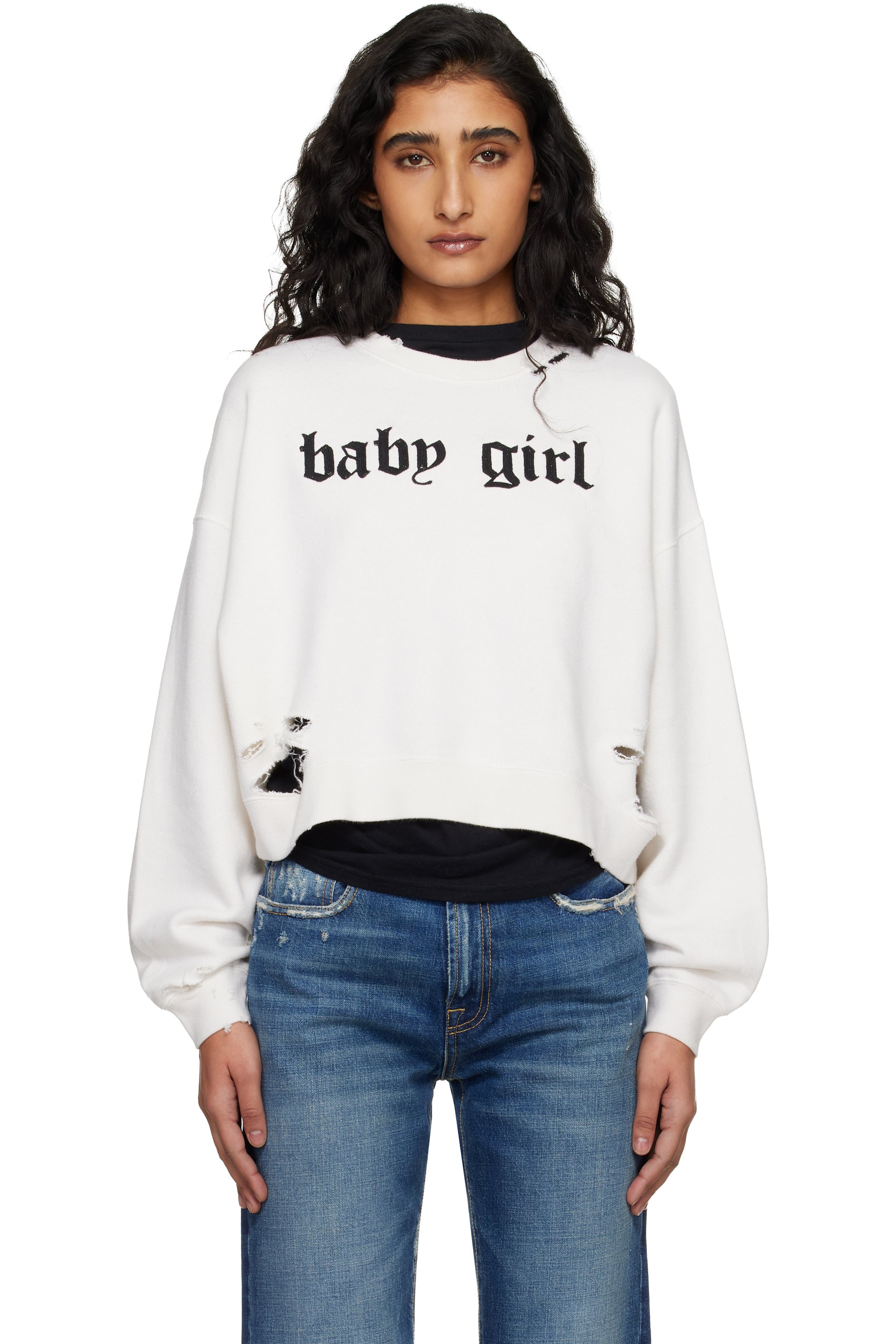 R13 - Pull molletonné écourté 'Baby Girl' blanc cassé à col ras du cou