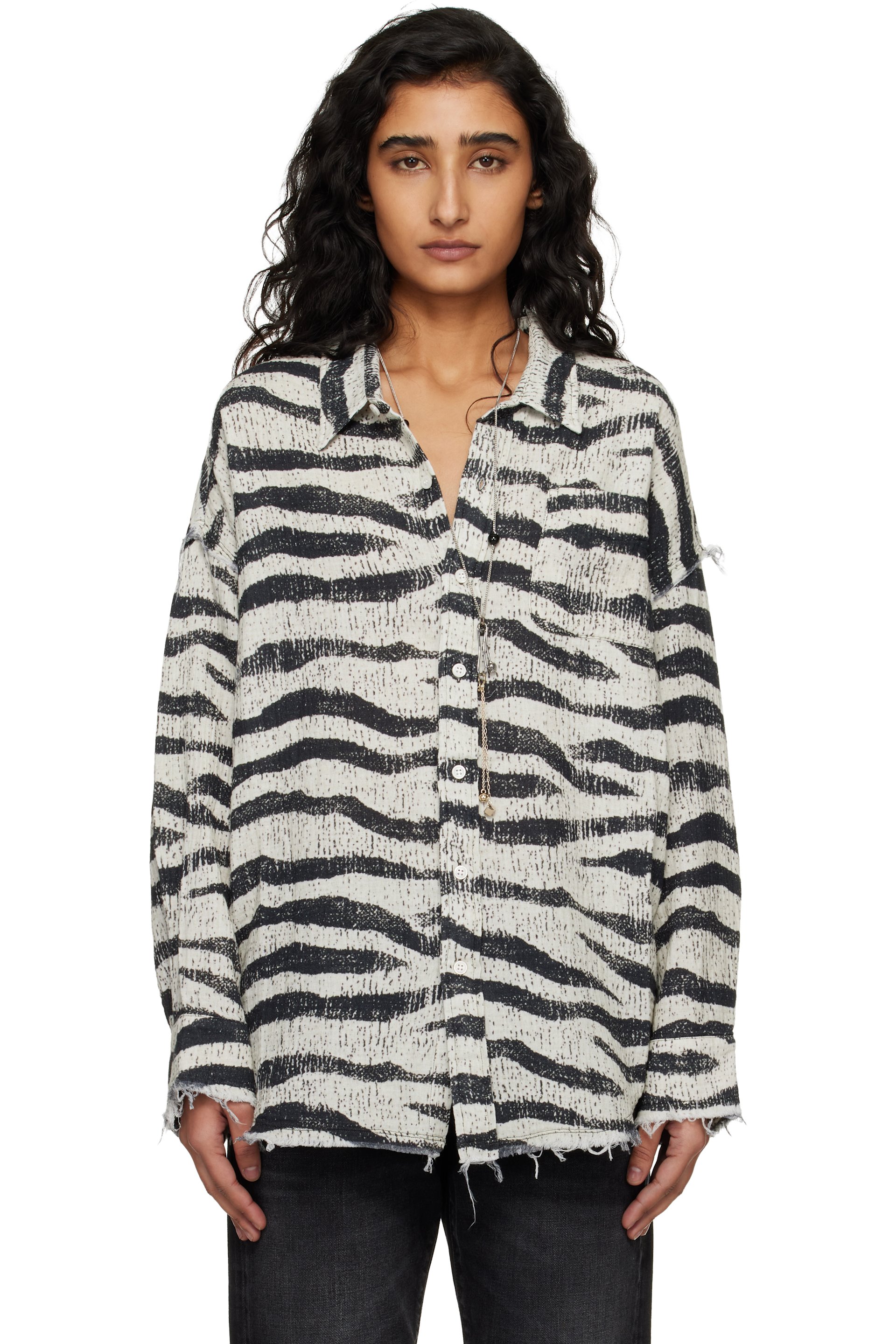 R13: Black & White Shredded Seam Drop Neck Shirt | SSENSE