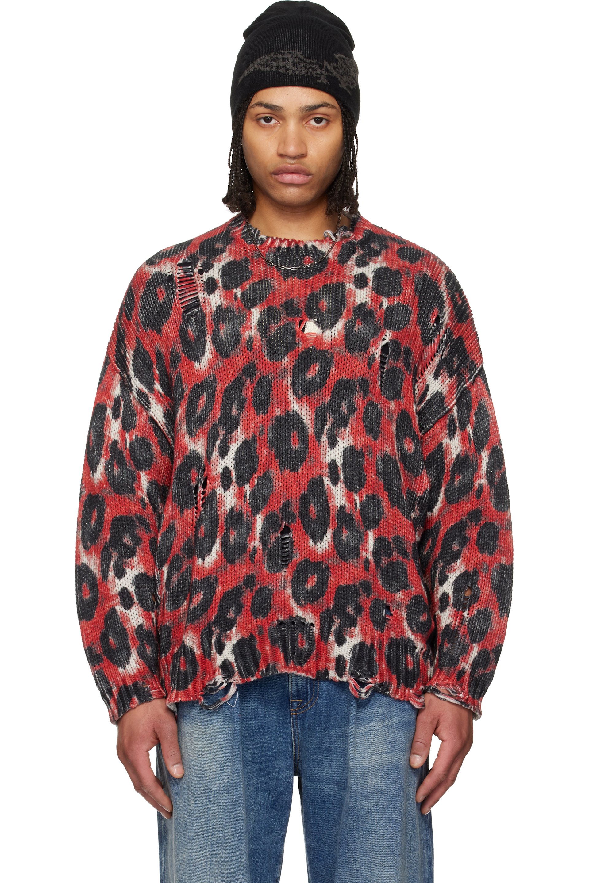 R13 - Pull surdimensionné rouge et noir à motif imprimé