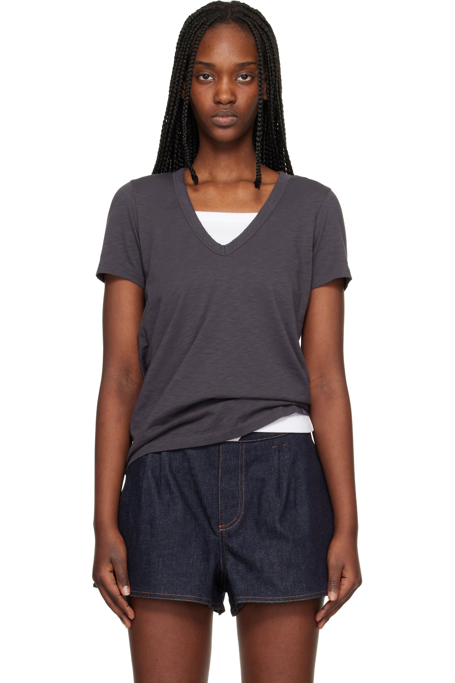 rag & bone - T-shirt gris en coton flammé à col en V
