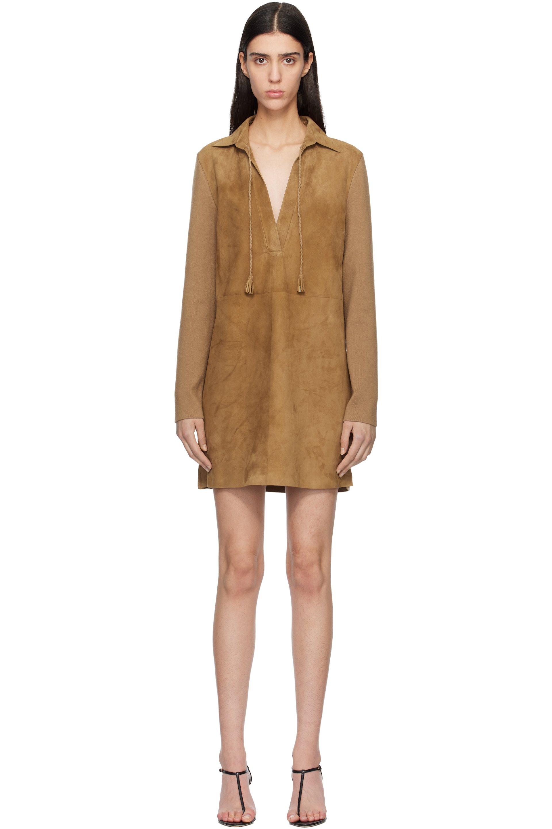 TOM FORD - Robe polo courte brun clair en suède et tricot d'agneau