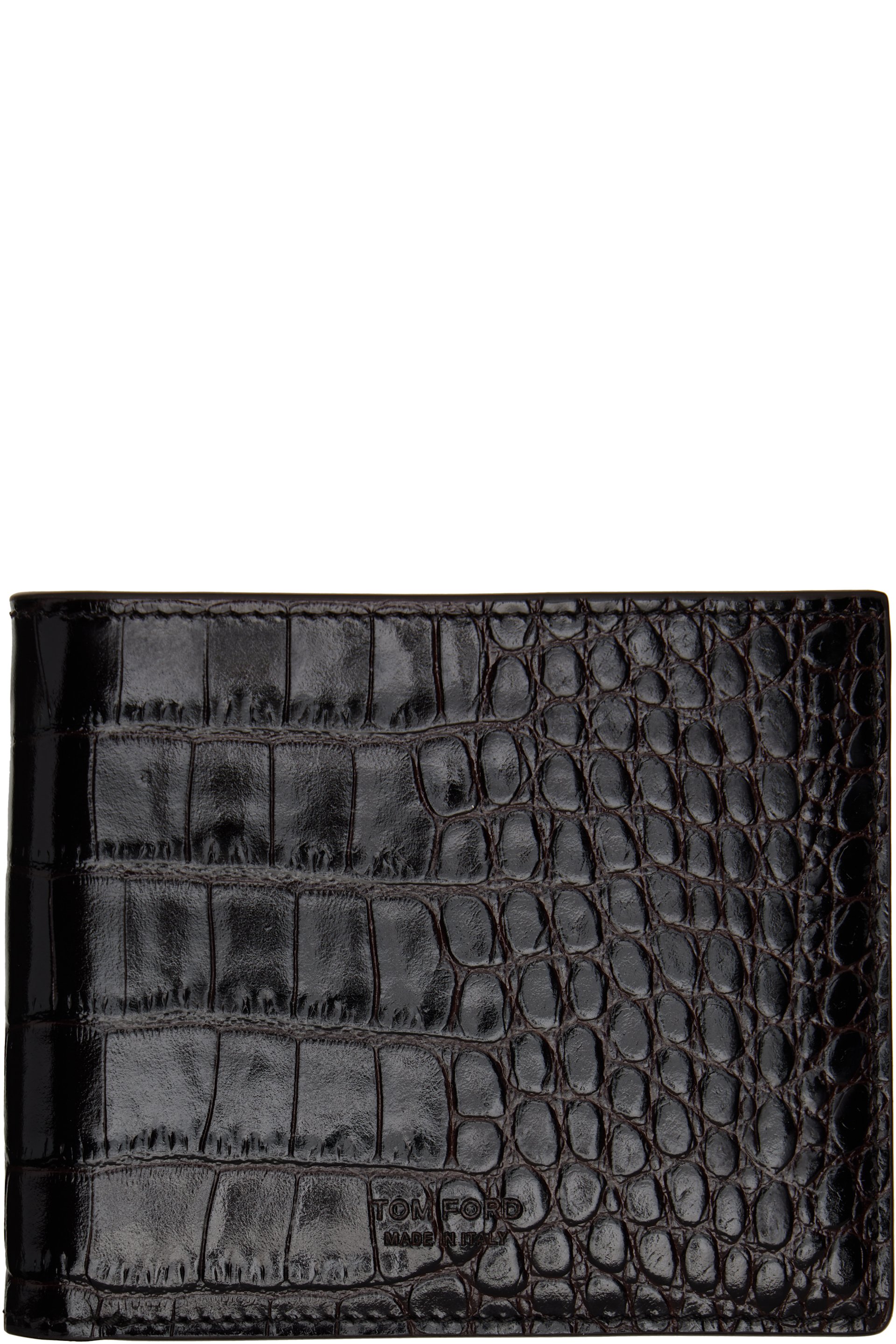 TOM FORD - Brown Shiny Printed Croc T Line Classic Bifold Wallet