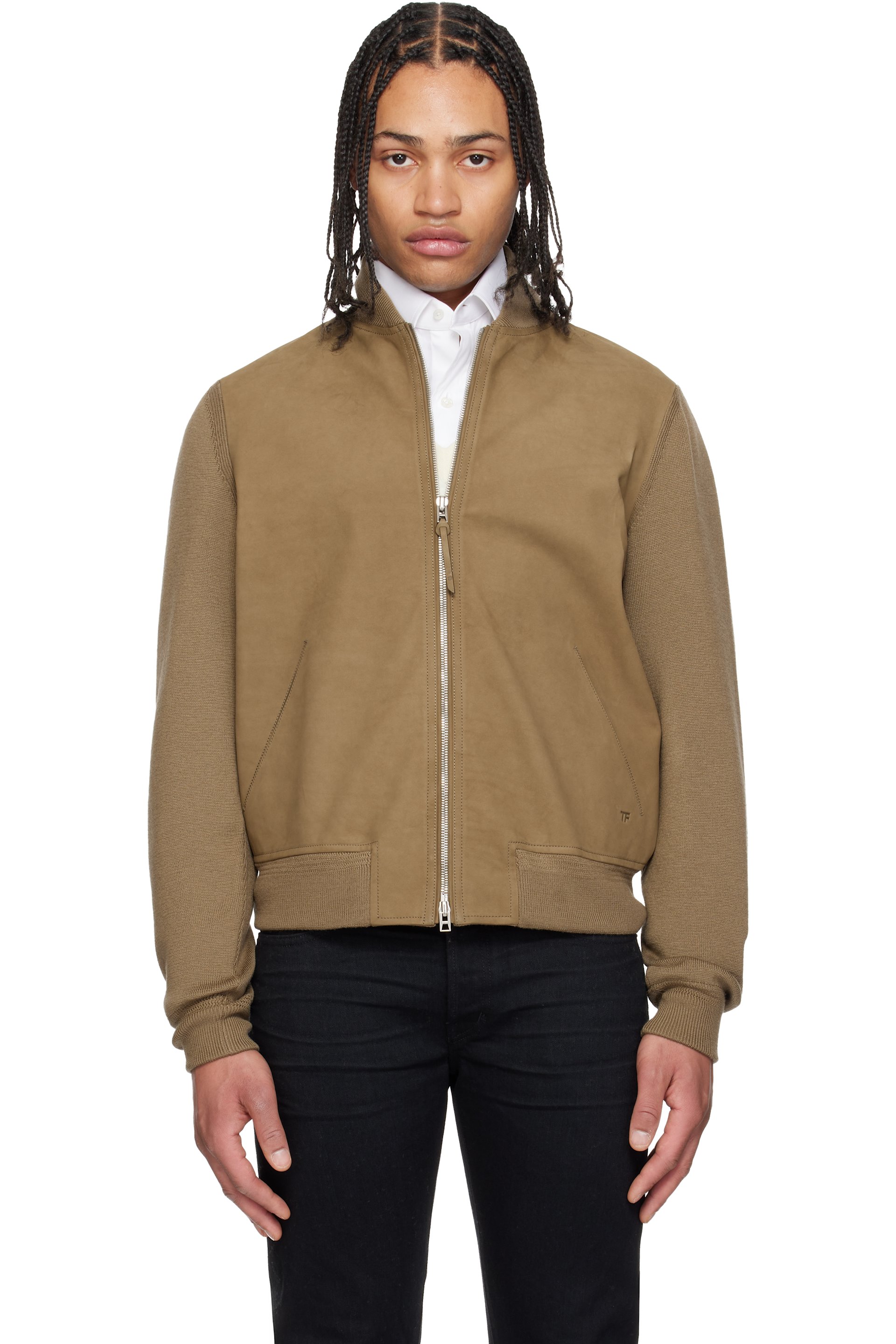 TOM FORD - Khaki Nubuck Front Merino Bomber Jacket