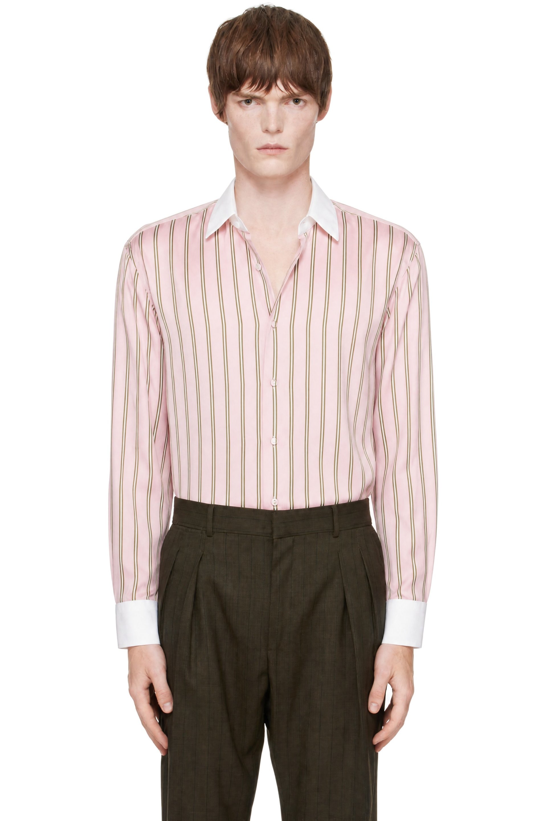 TOM FORD - Pink Oxford Stripe Silk Jacquard Contrast Fluid Fit Shirt
