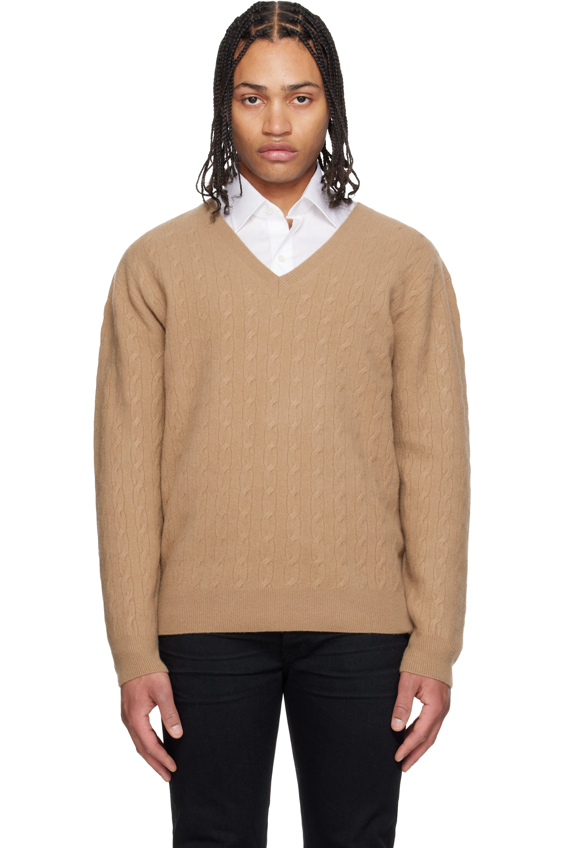 TOM FORD - Tan Cable Lambswool LS V-Neck Sweater