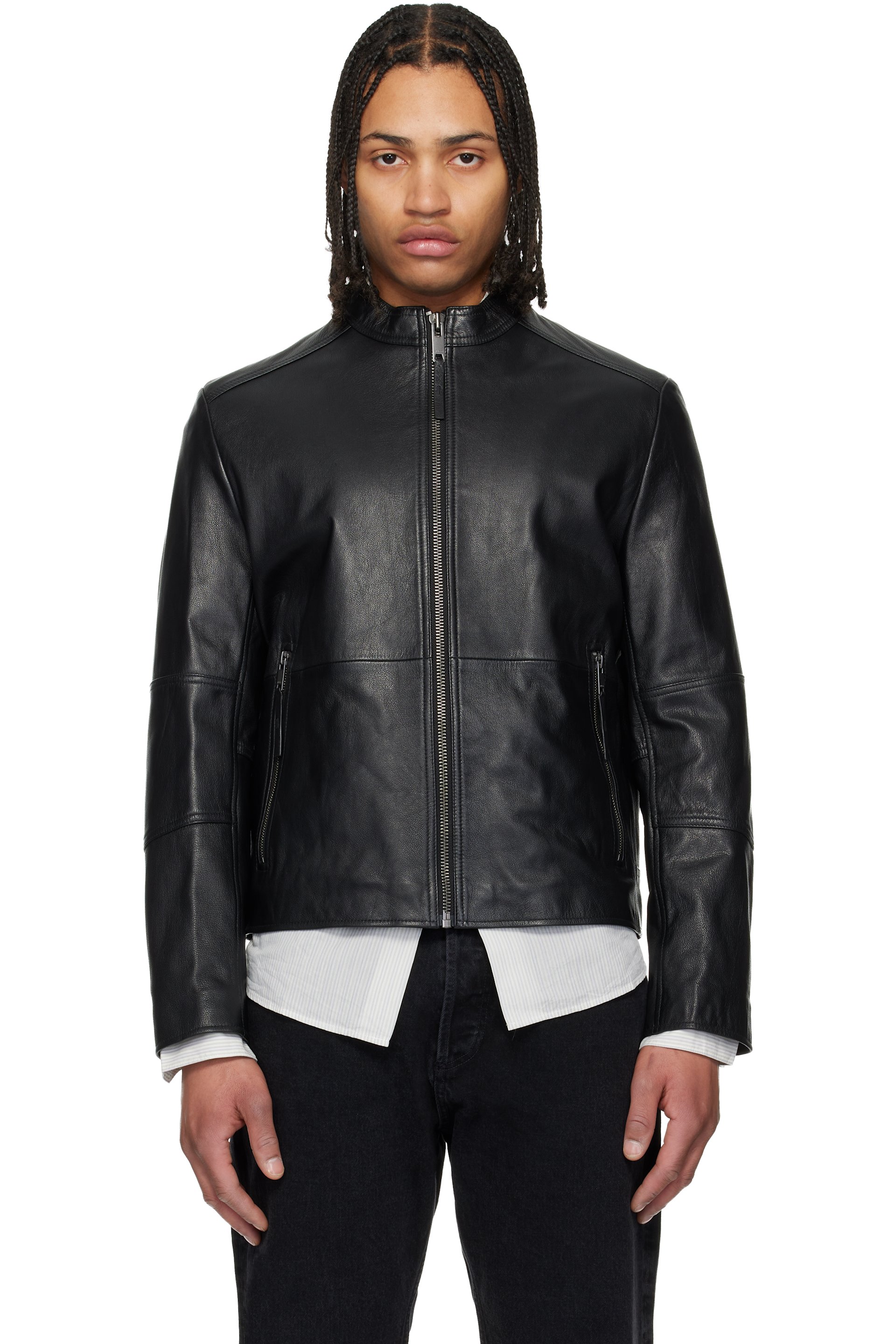 Hugo - Blouson ajusté noir en cuir grainé