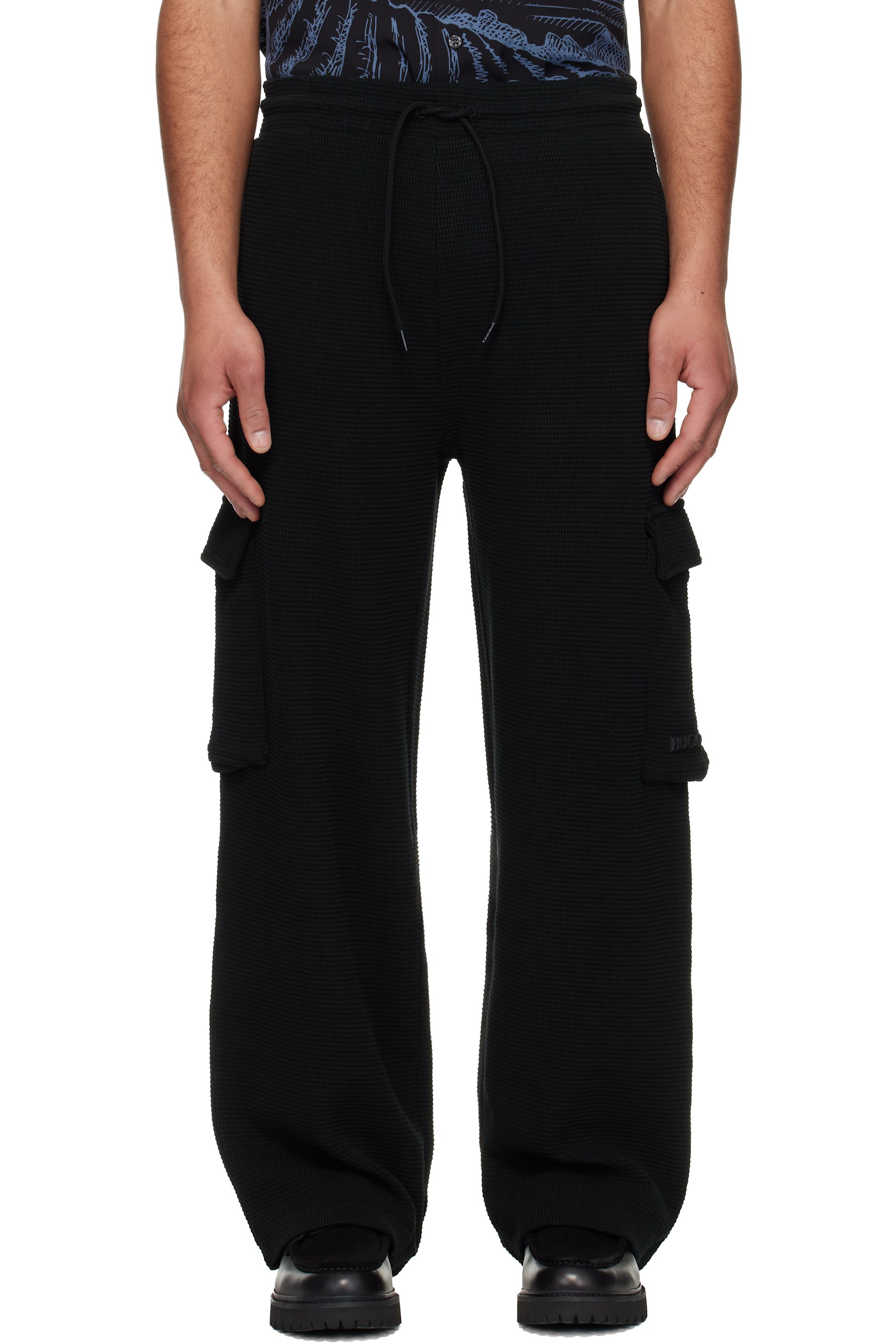 Hugo - Black Waffle-Structured Cotton Cargo Pants