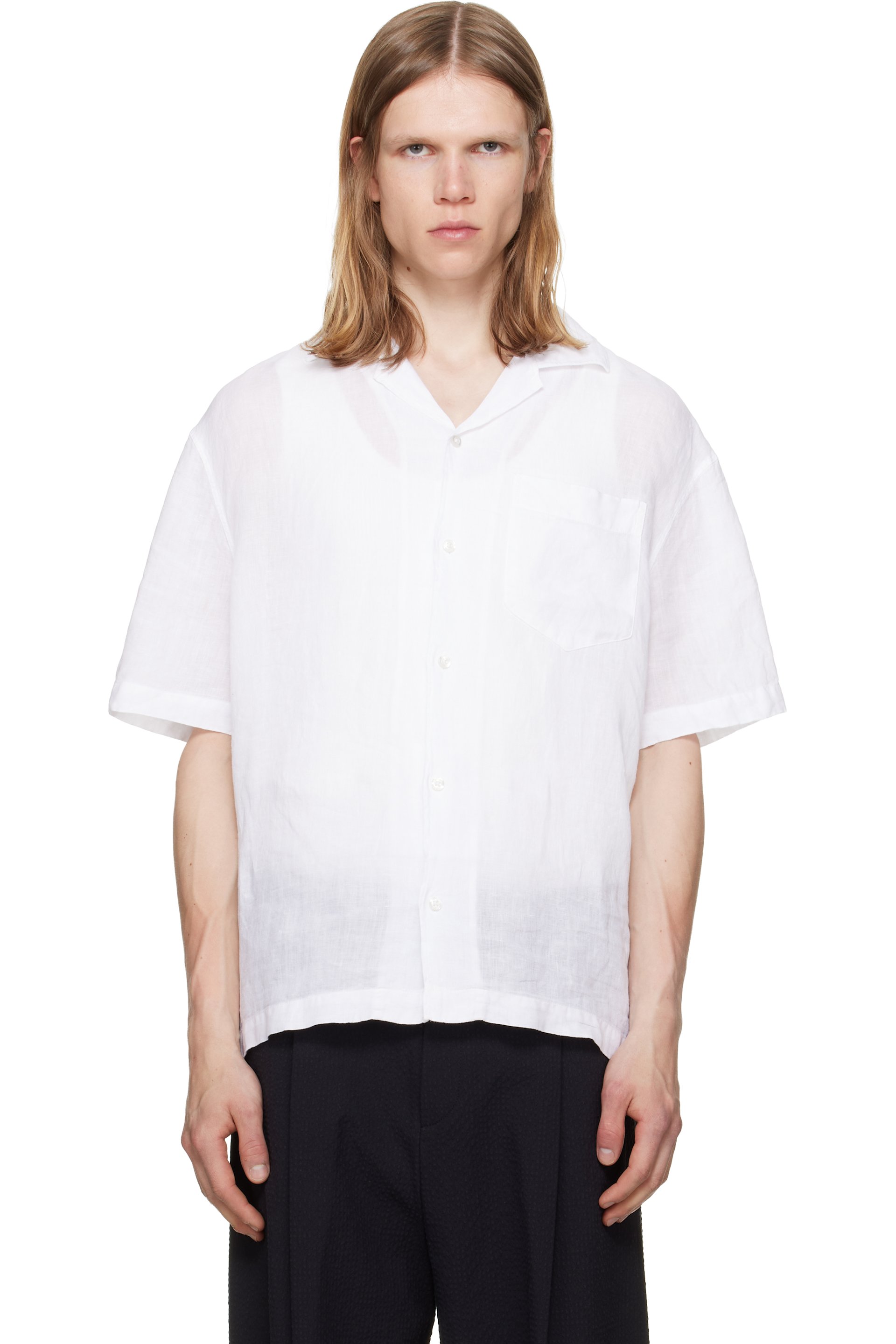 HUGO - 白色 Linen Camp Collar 衬衫