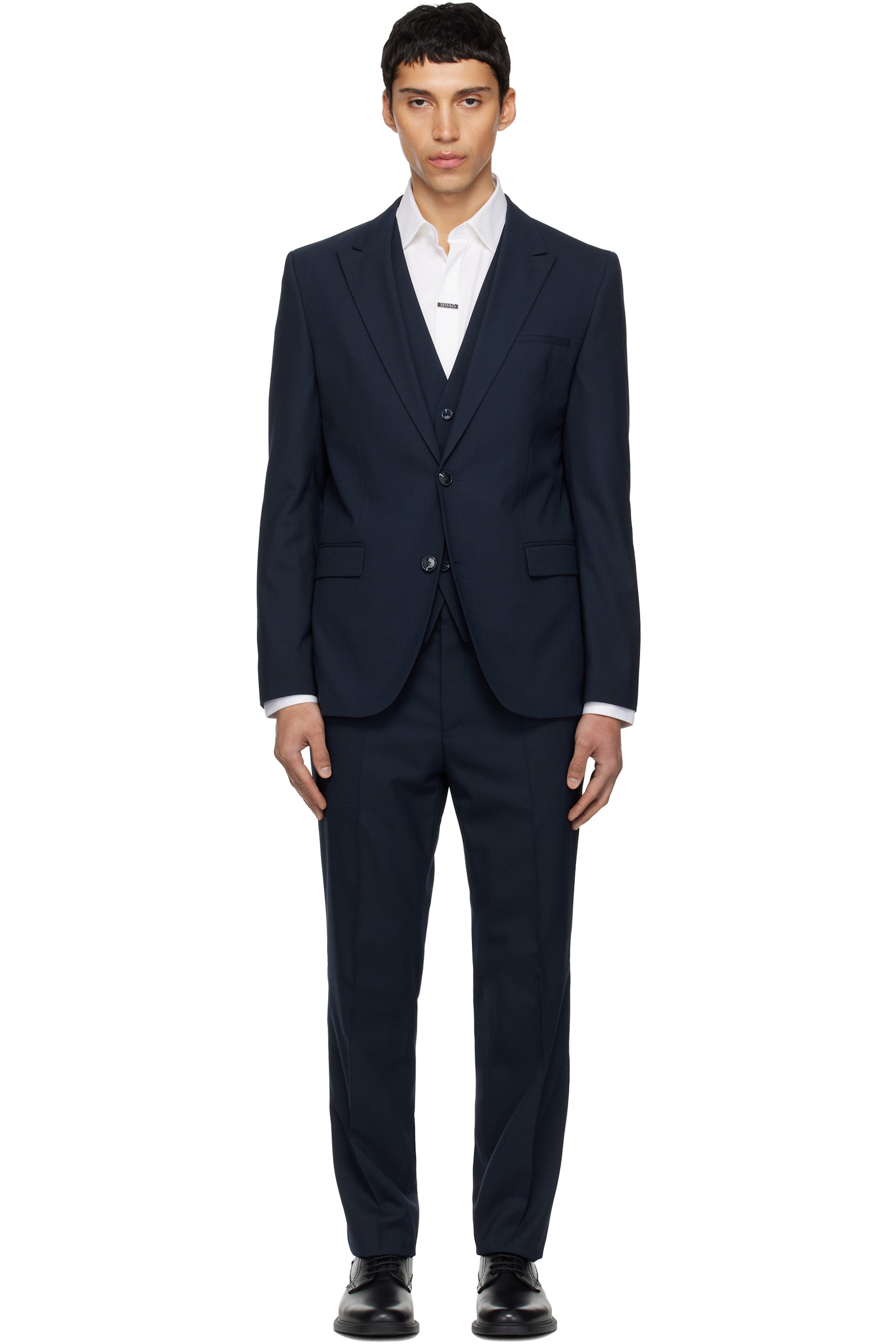 Hugo - Navy Three-Piece Extra-Slim-Fit Stretch Dobby Suit