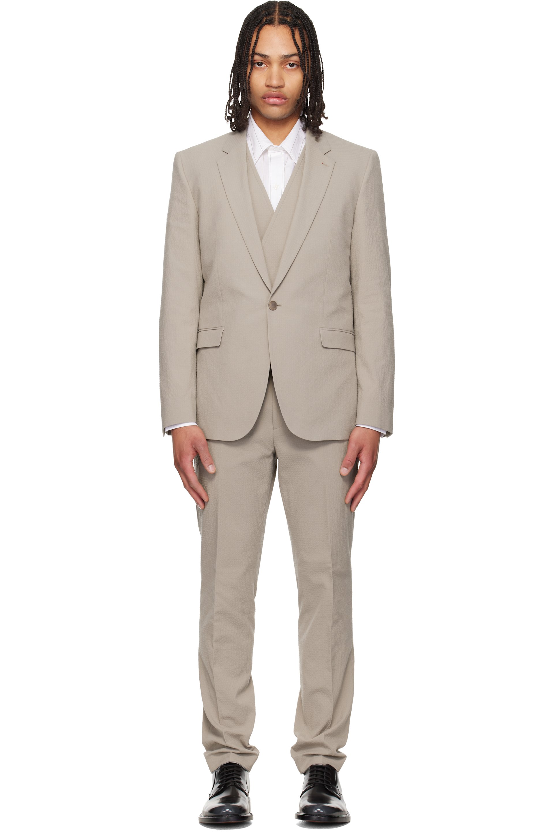 Hugo - Taupe Three-Piece Extra-Slim-Fit Stretch-Cotton Seersucker Suit