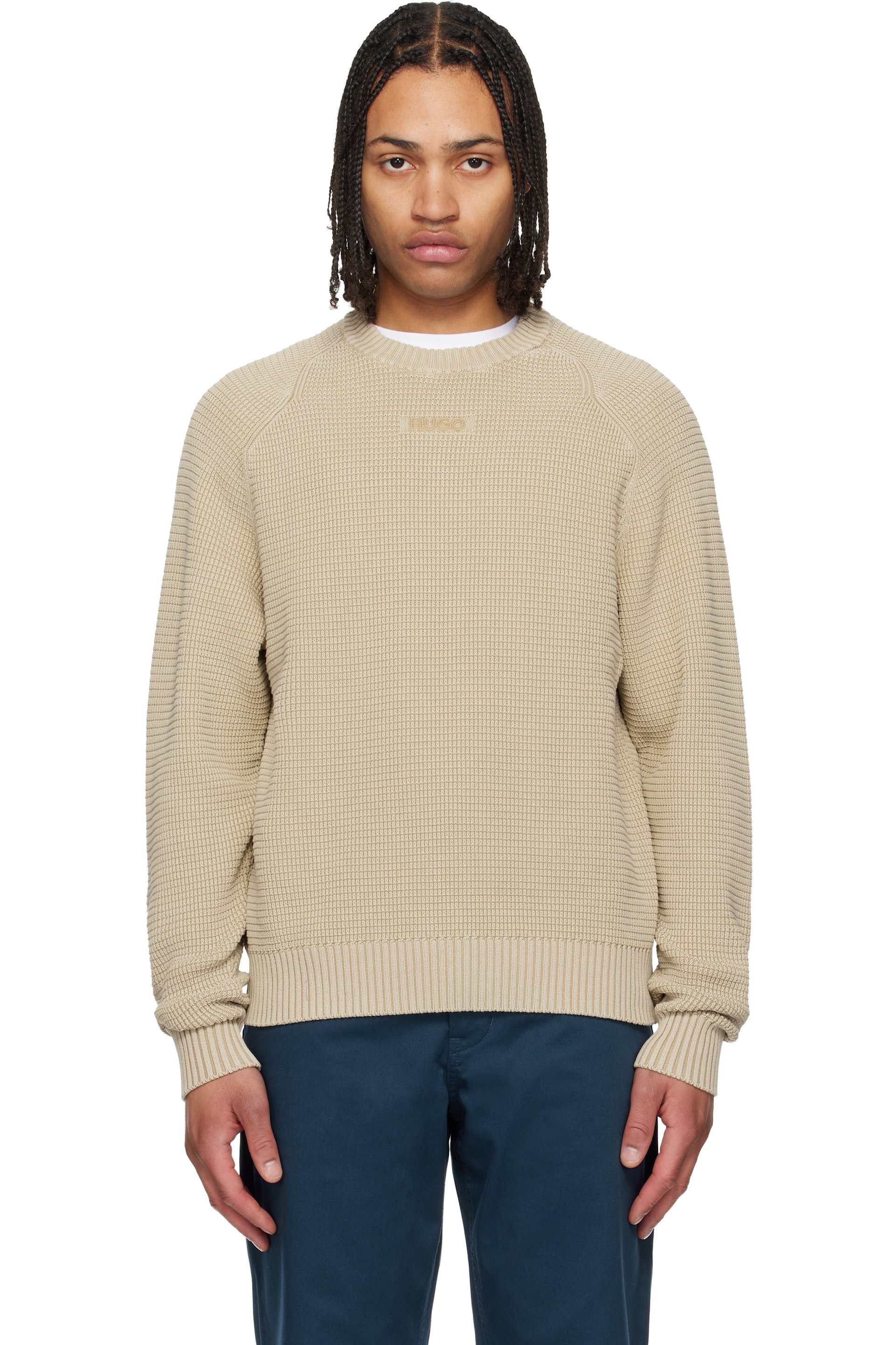 Hugo - Pull beige en tricot de coton