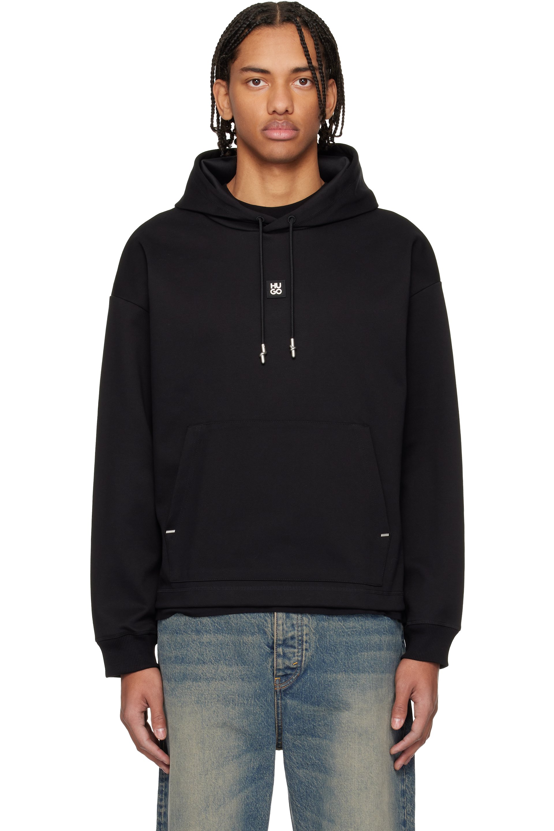 Hugo - Pull à capuche décontracté noir à logo étagé