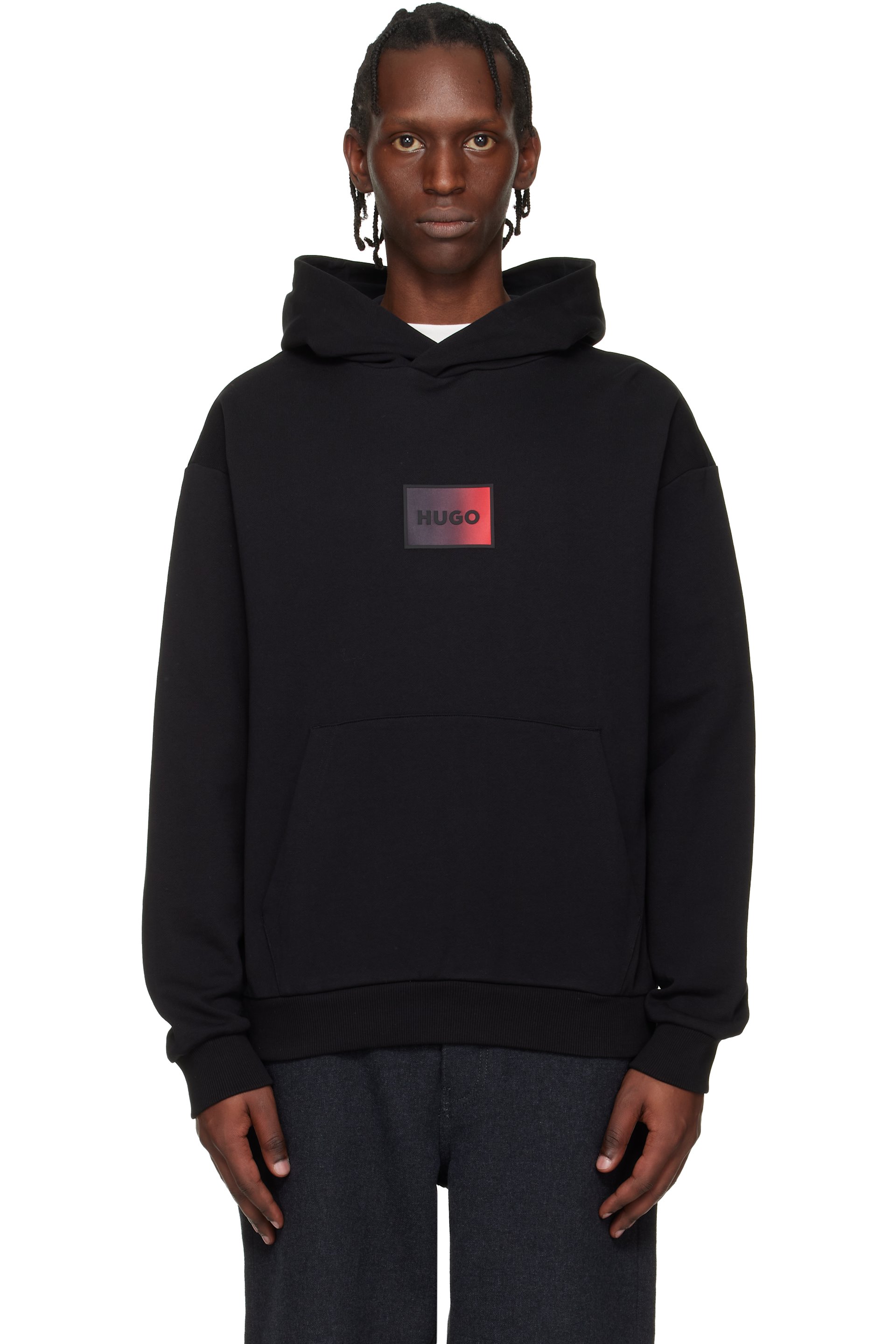 Hugo - Pull à capuche noir en jersey bouclette de coton à logo dégradé