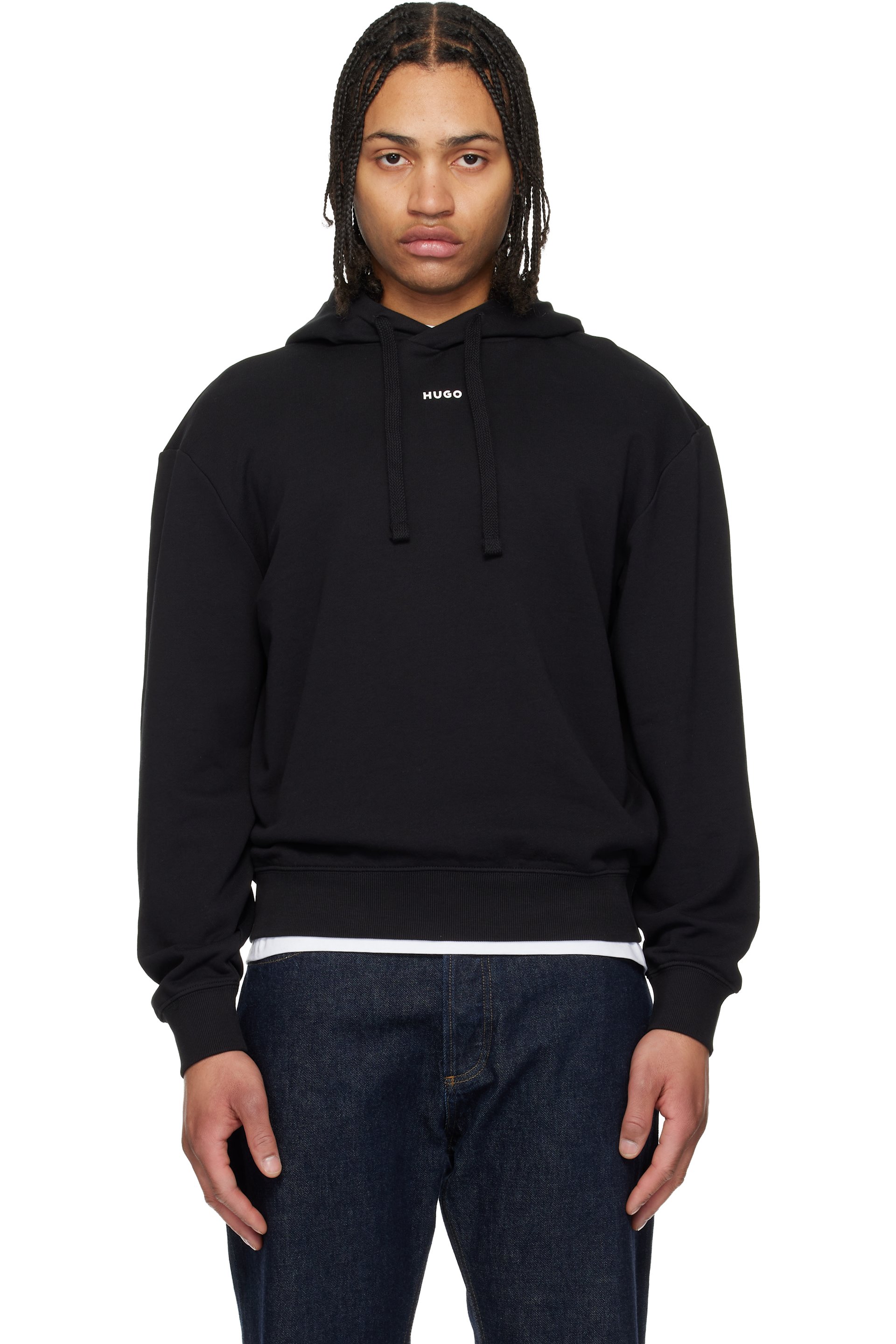 Hugo - Pull à capuche noir en jersey bouclette de coton à logo contrastant