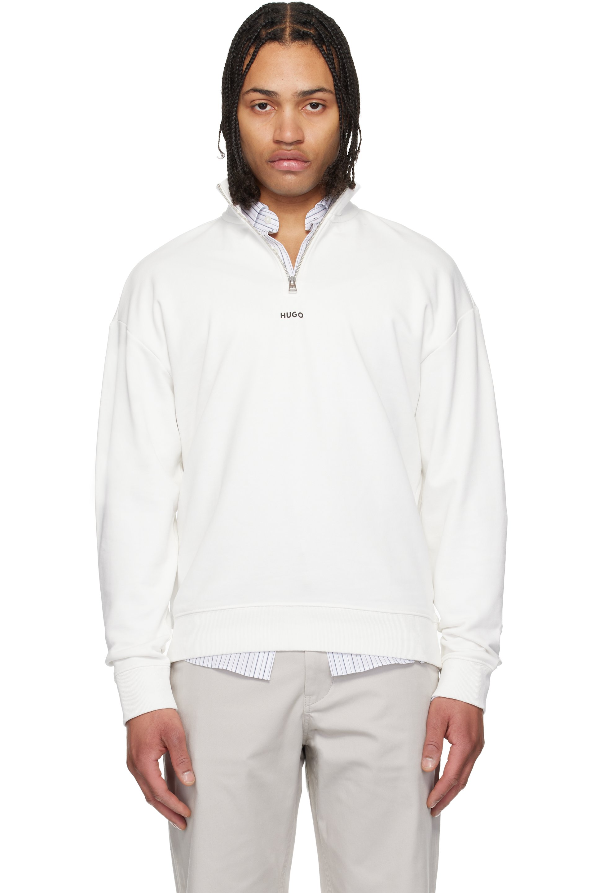 Hugo - Blouson de survêtement blanc en jersey bouclette de coton à demi-glissière et à logo