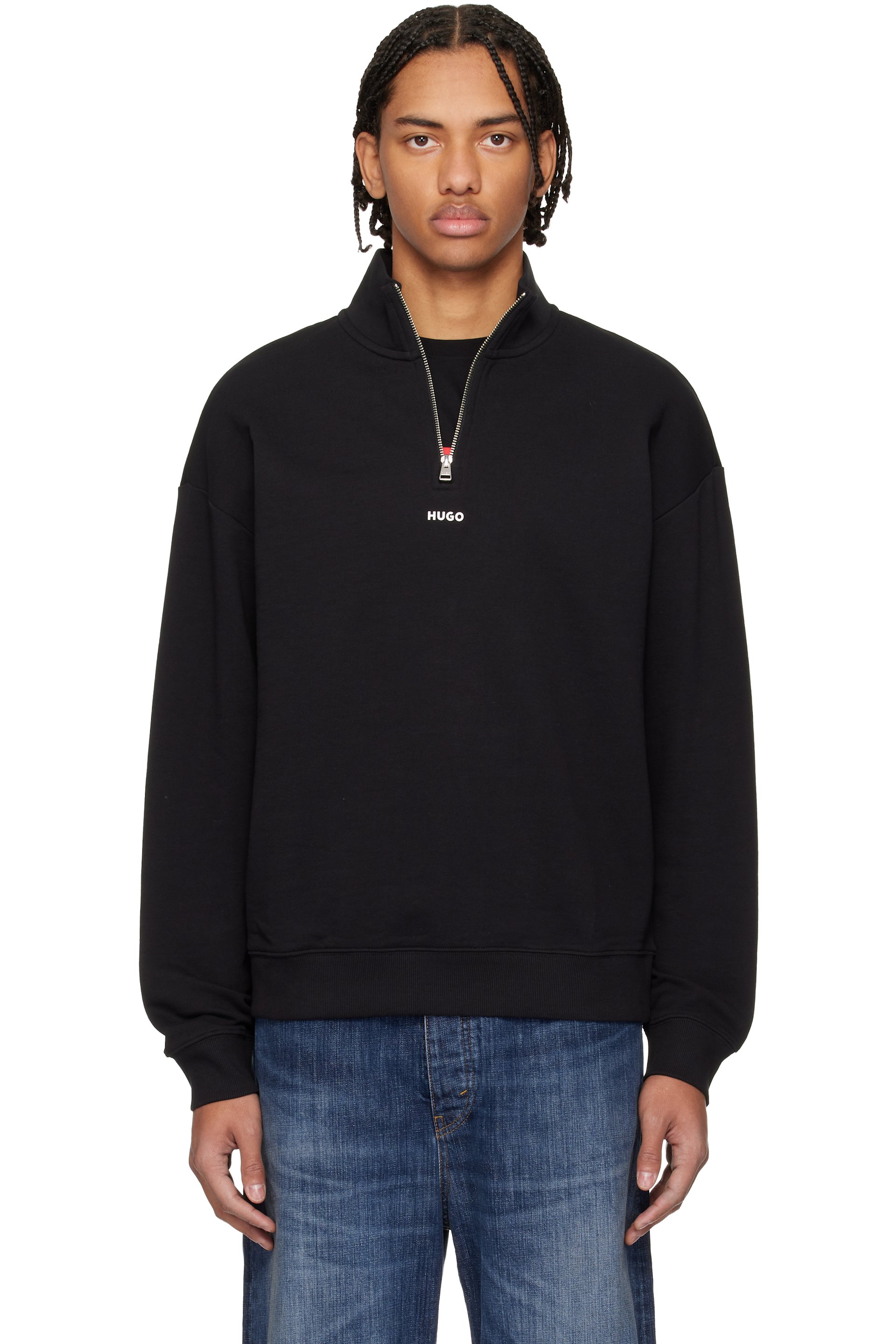Hugo - Pull molletonné noir en jersey bouclette de coton à logo