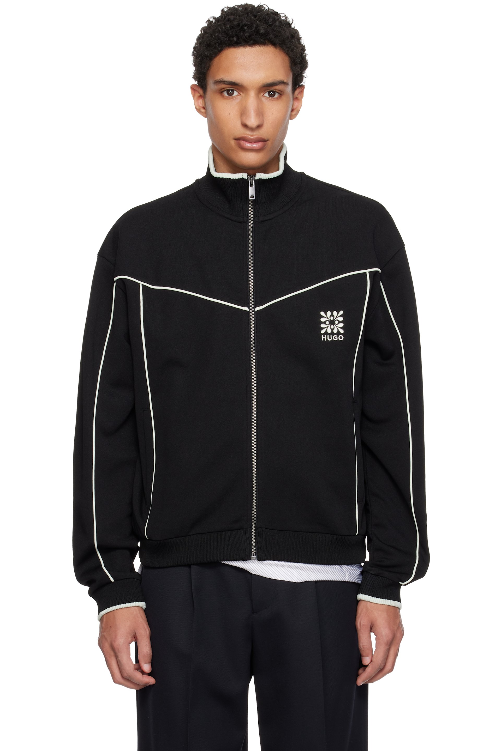 Hugo - Blouson de survêtement noir en coton mélangé et logo brodé