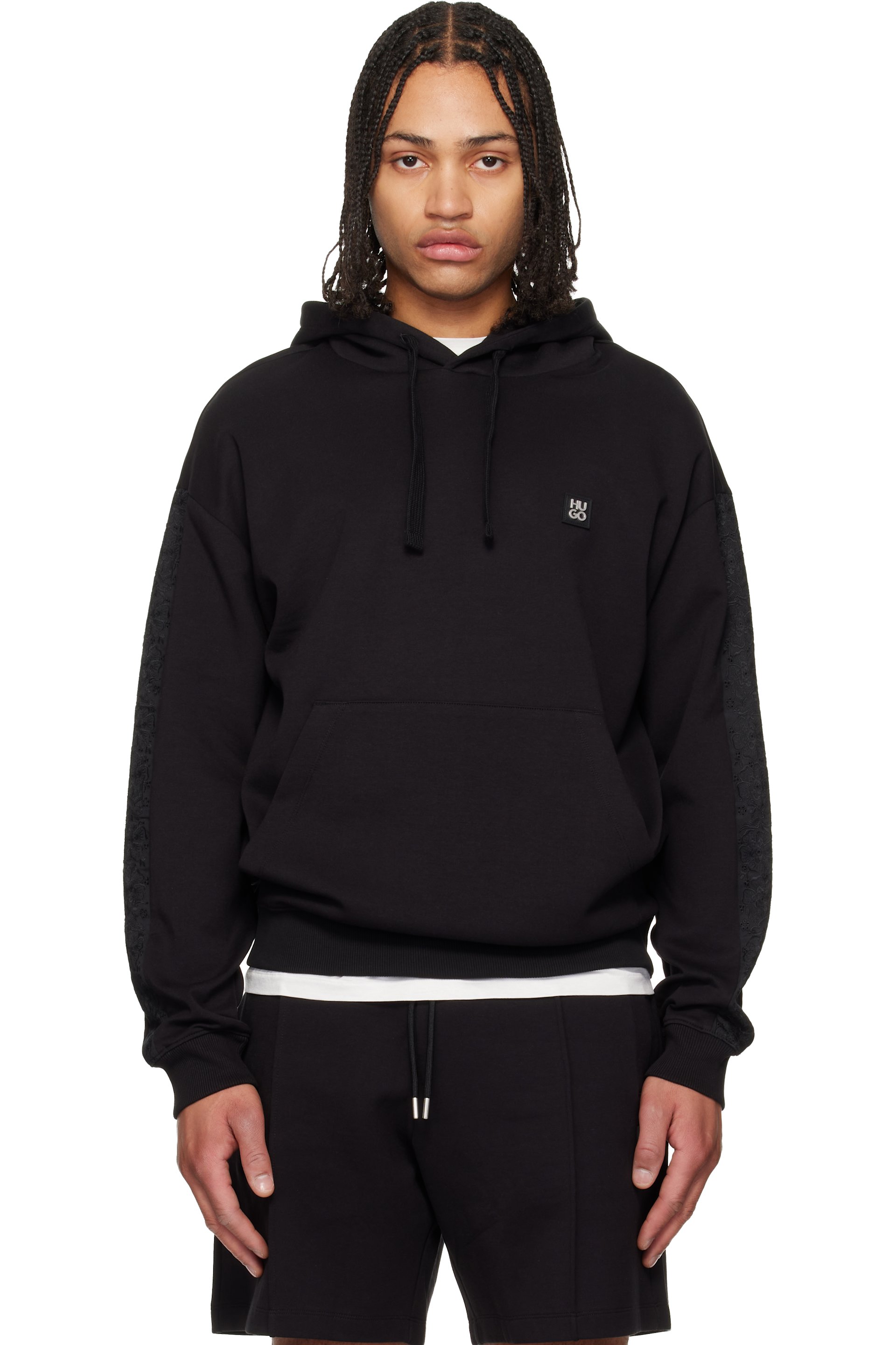 Hugo - Pull à capuche noir à garnitures en dentelle