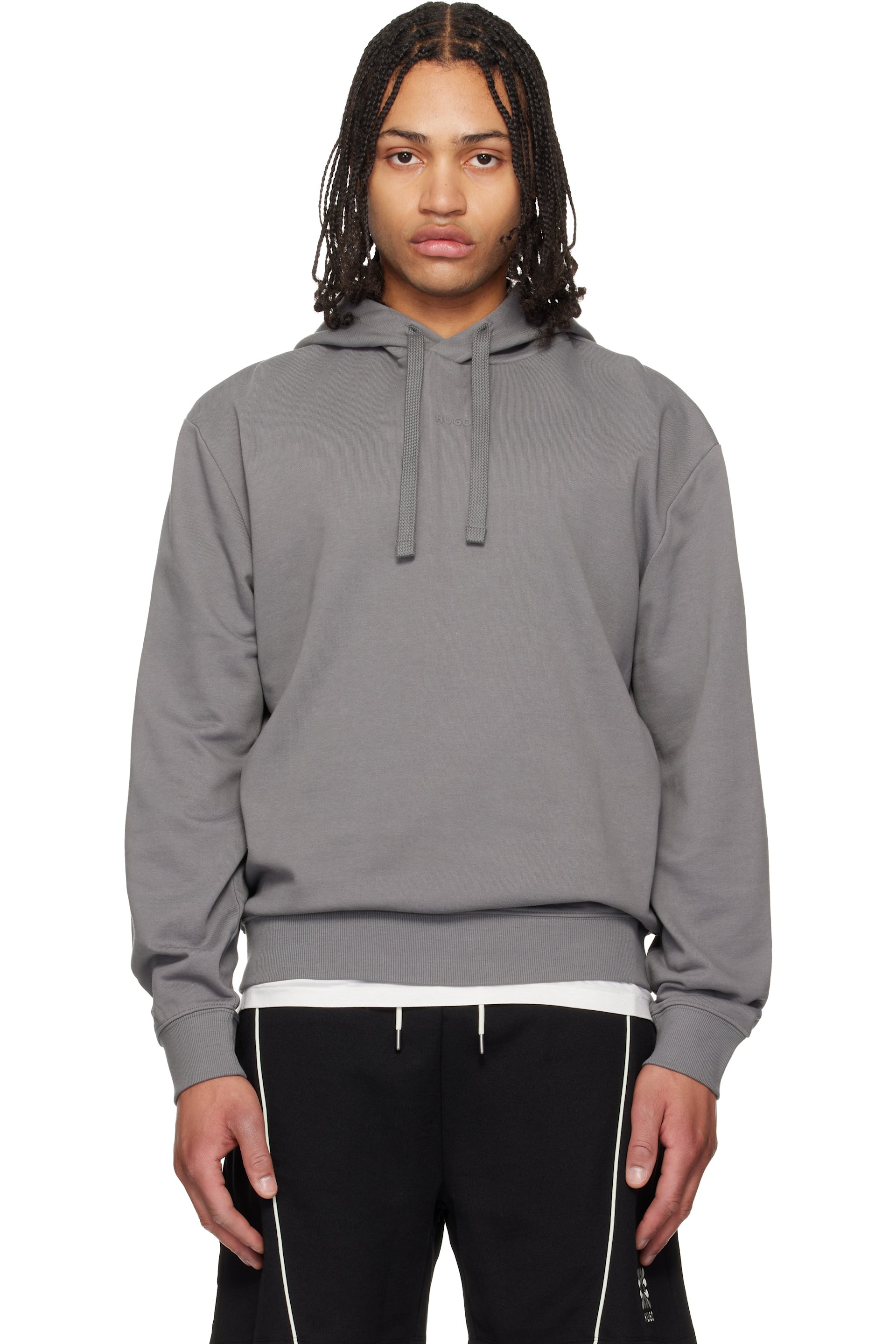 Hugo - Pull à capuche gris en jersey bouclette à logo contrastant