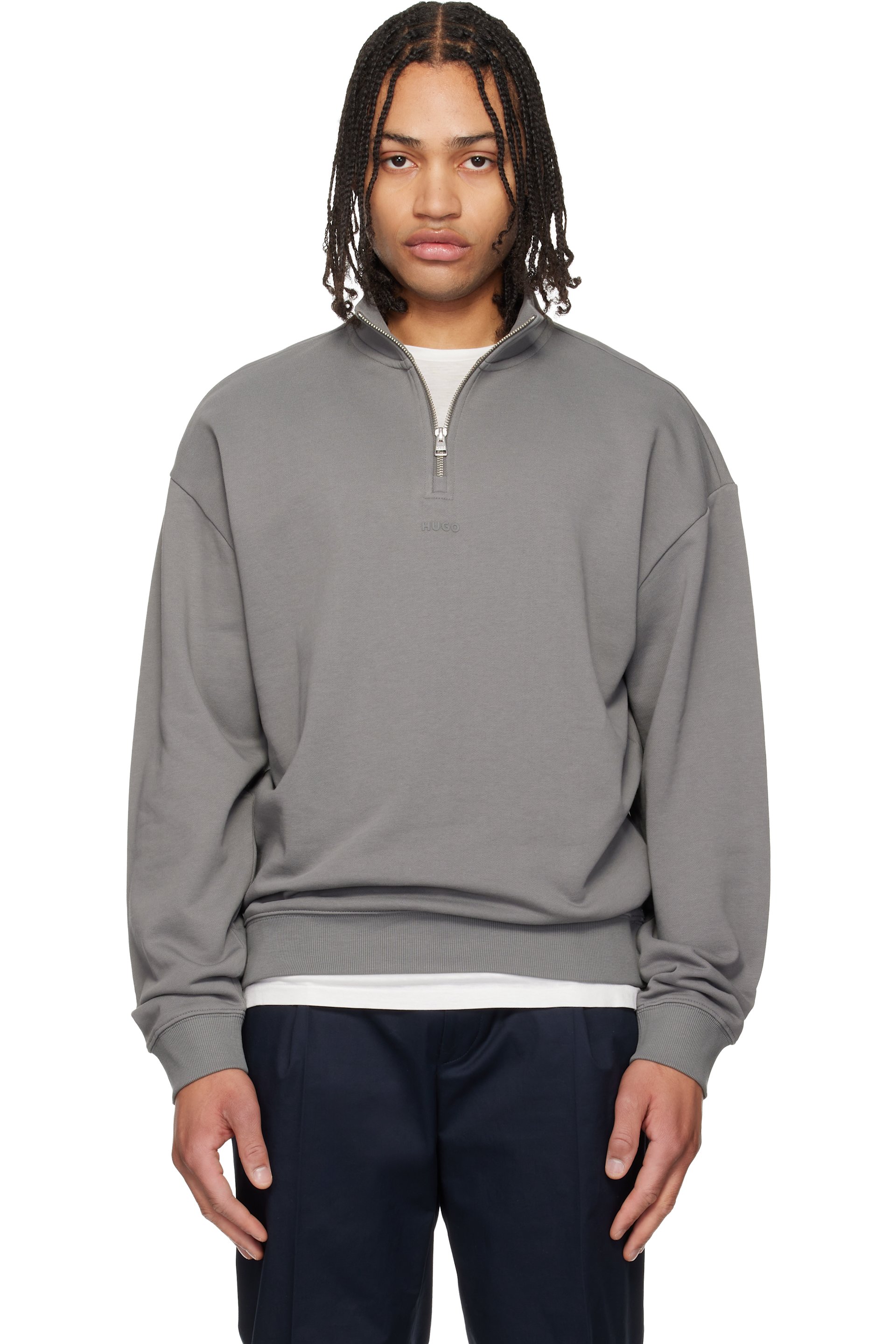 Hugo - Pull molletonné gris en jersey bouclette de coton à logo imprimé