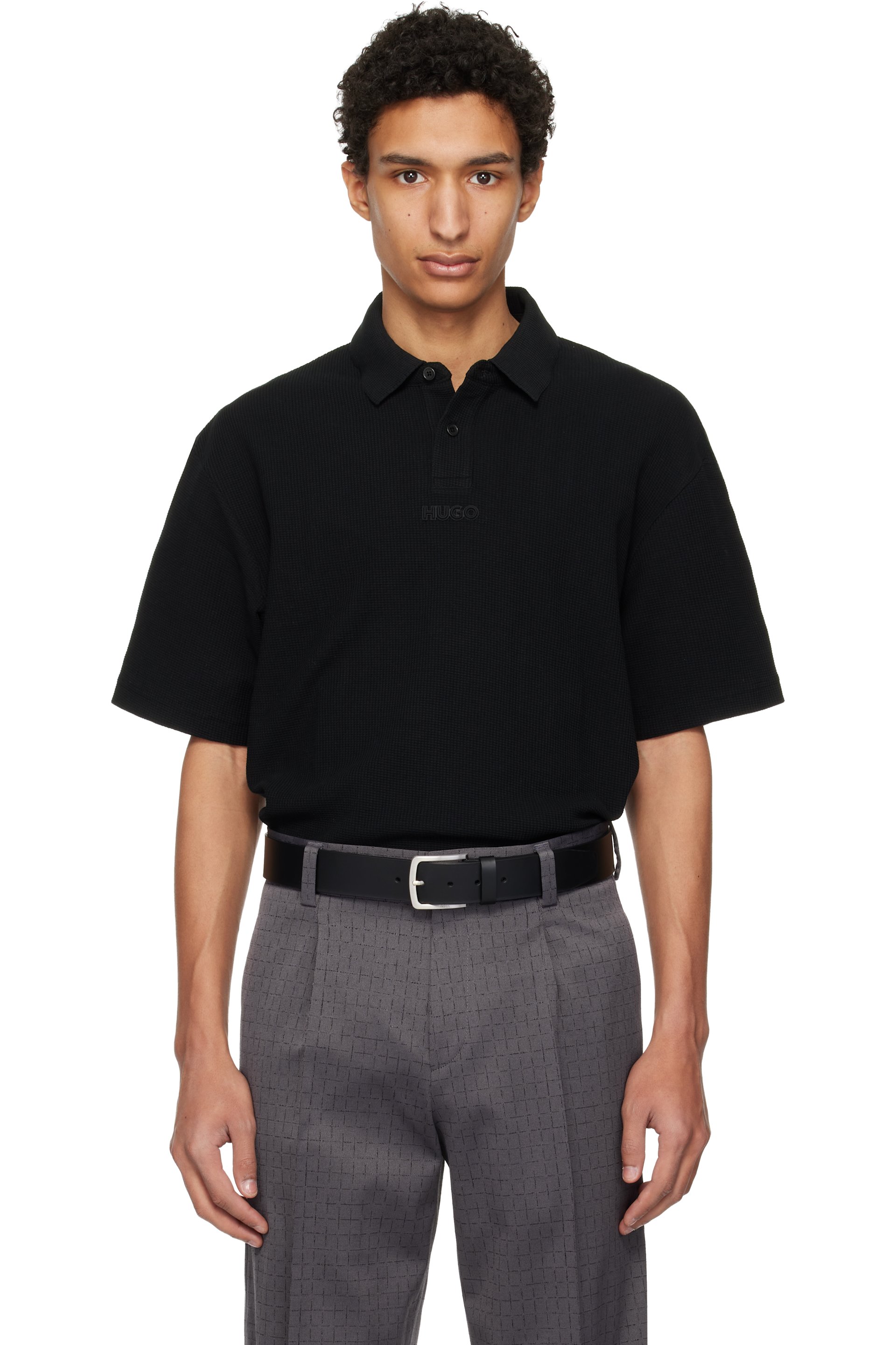 Hugo - Polo noir en tricot gaufré