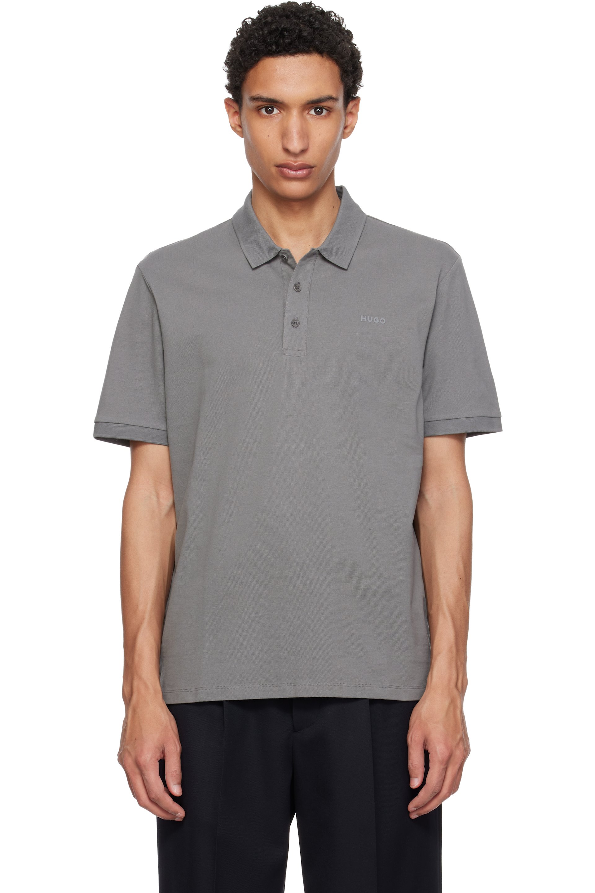 Hugo: Gray Cotton Piqué Logo Polo | SSENSE