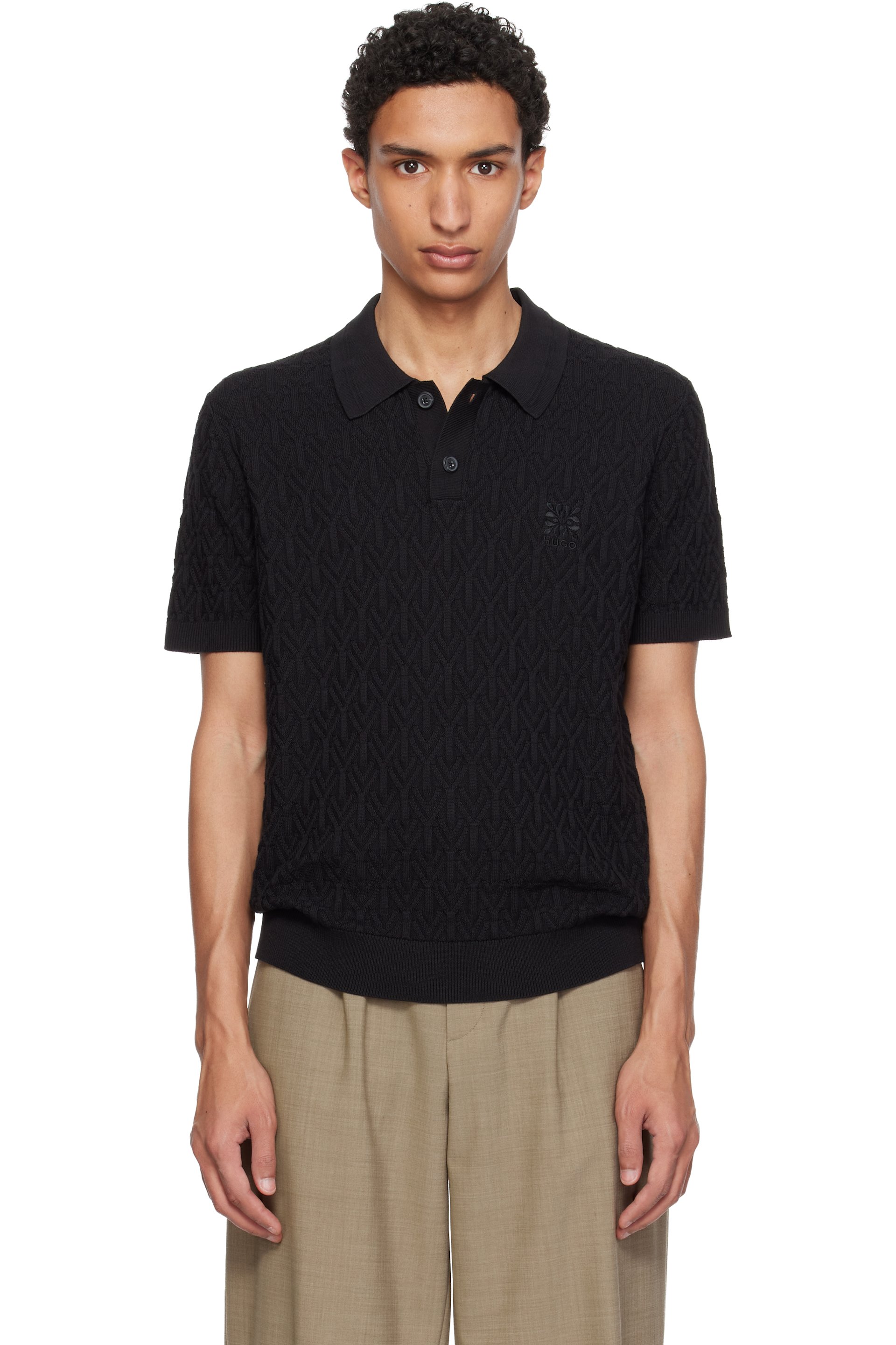 Hugo - ブラック Knitted-Cotton ポロシャツ