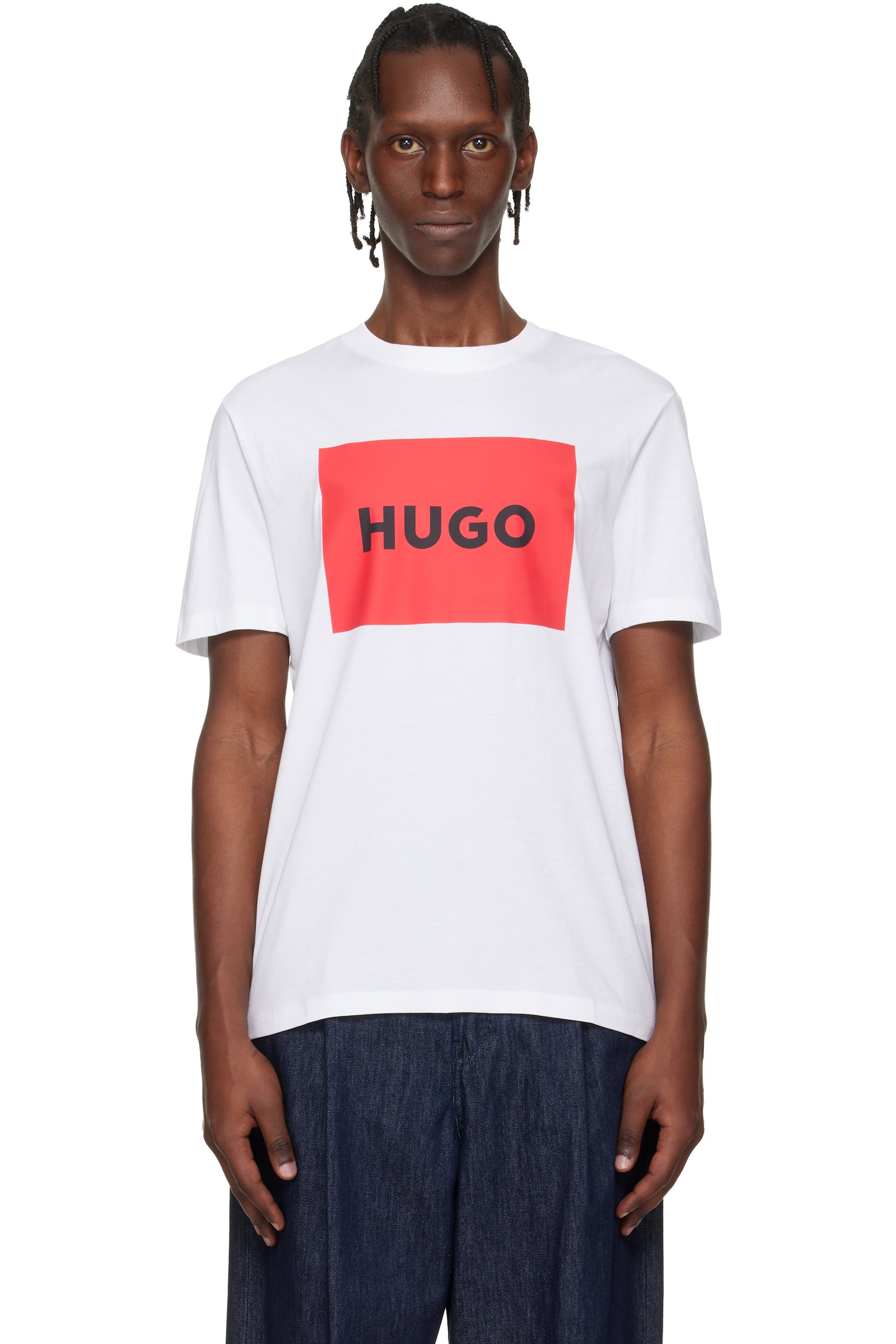 Hugo - 화이트 레귤러 핏 로고 프린트 티셔츠
