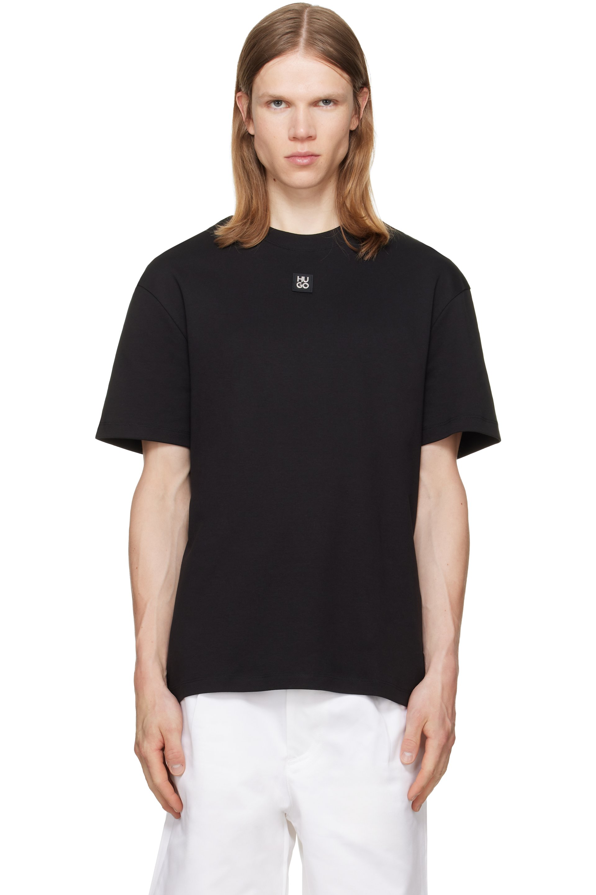 Hugo - Black Interlock-Cotton Stacked-Logo T-shirt