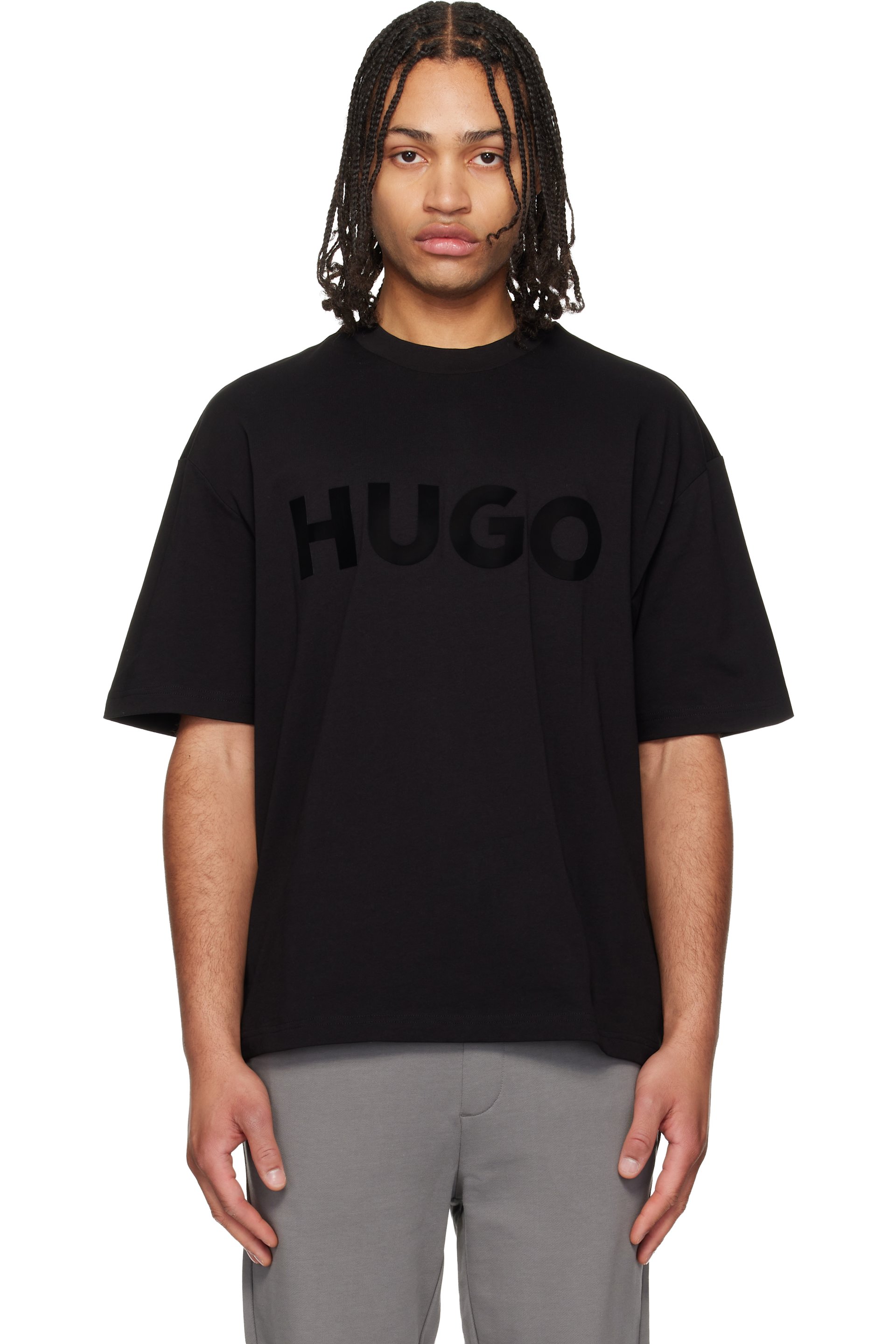 Hugo - ブラック Cotton-Jersey ロゴ Tシャツ