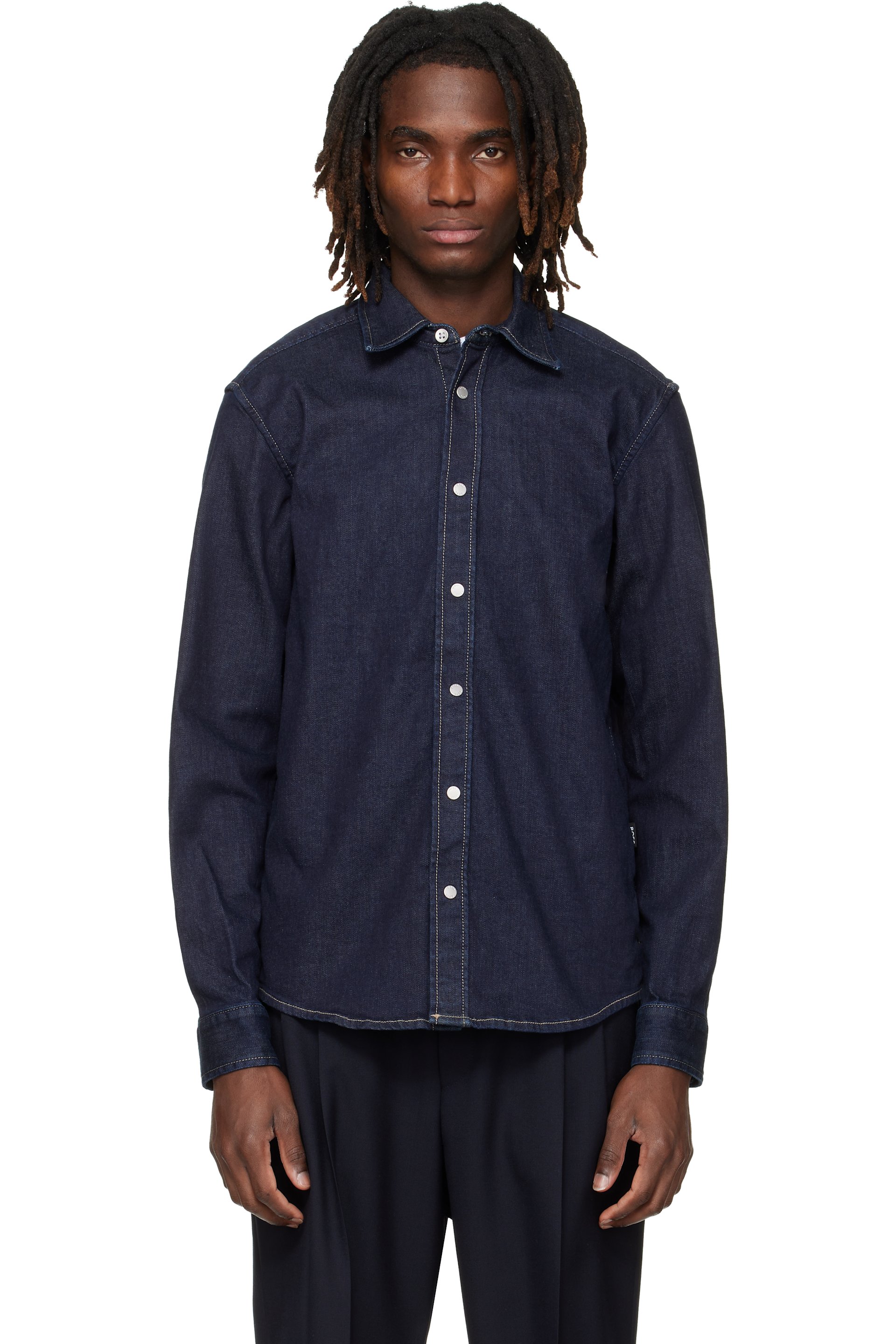 BOSS - Navy Regular-Fit Stretch Denim Shirt