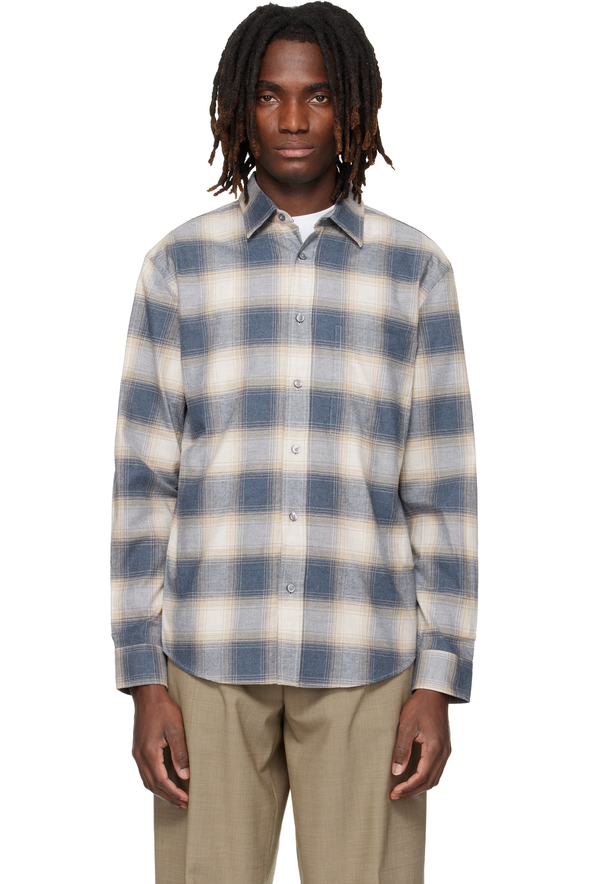 BOSS - Blue & White Checked Relaxed-Fit Flannel Shirt