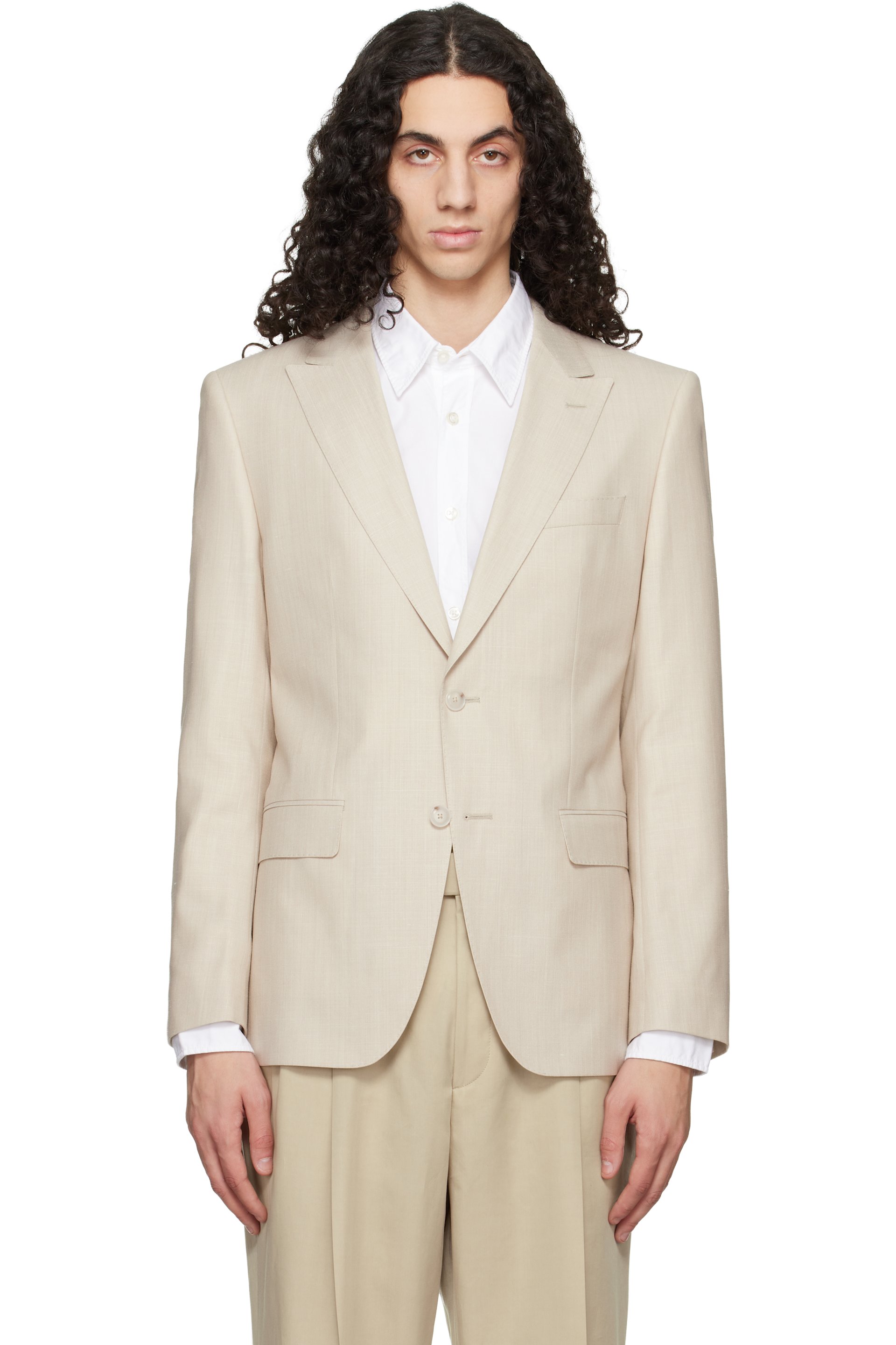 BOSS - Beige Slim-Fit Wool Silk & Linen Blazer