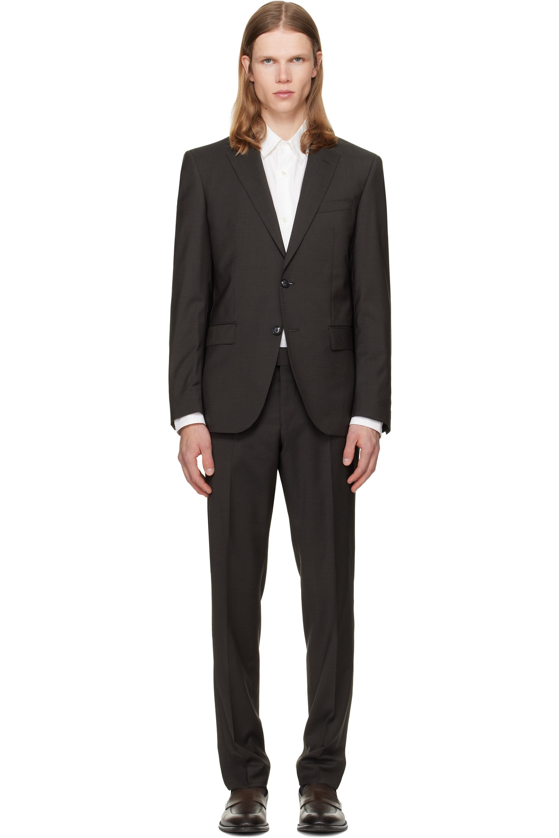 BOSS - Brown Two-Piece Slim-Fit Wool Suit