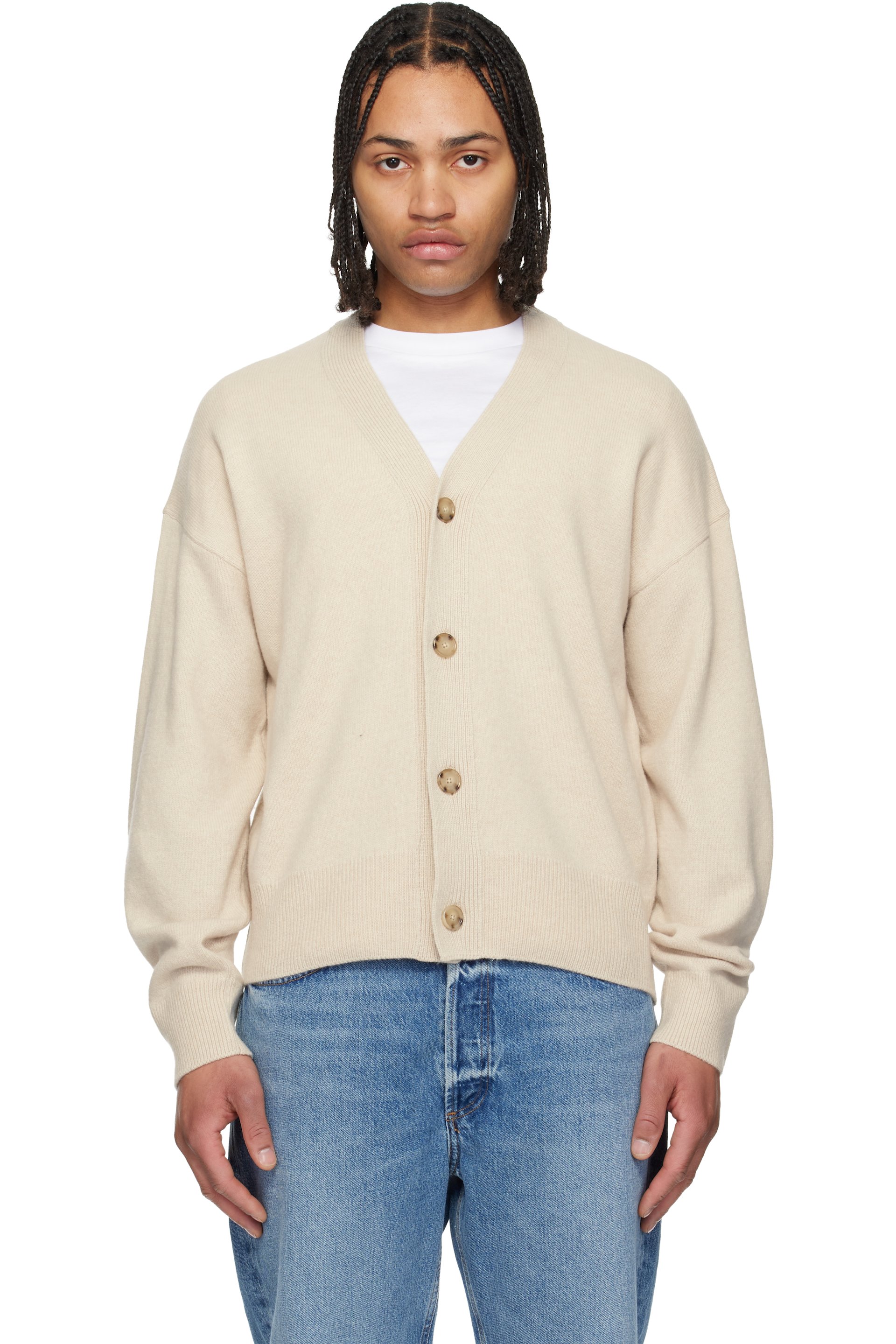 Boss - Cardigan décontracté blanc cassé en laine vierge