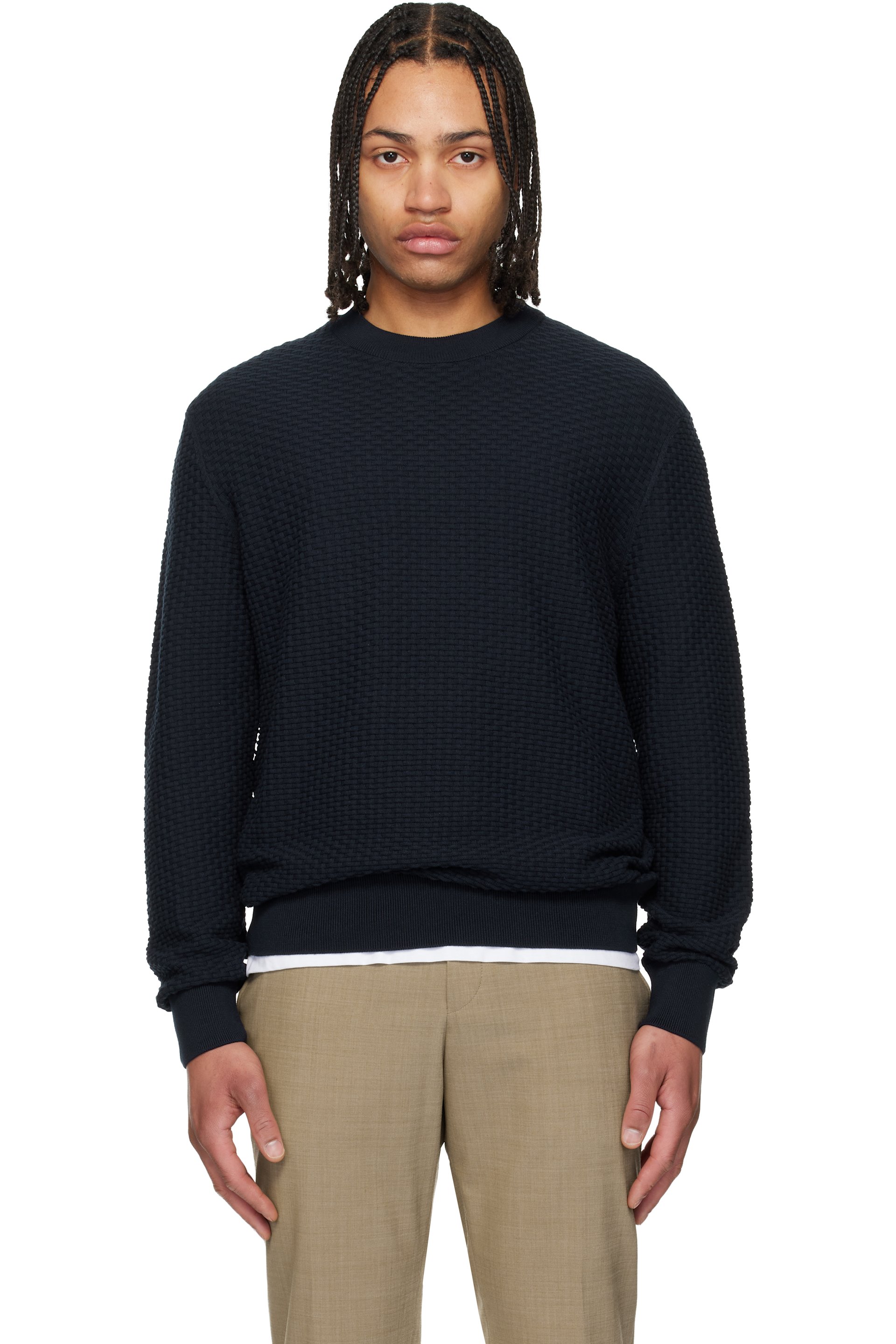 Boss - Pull bleu marine en tricot texturé de coton
