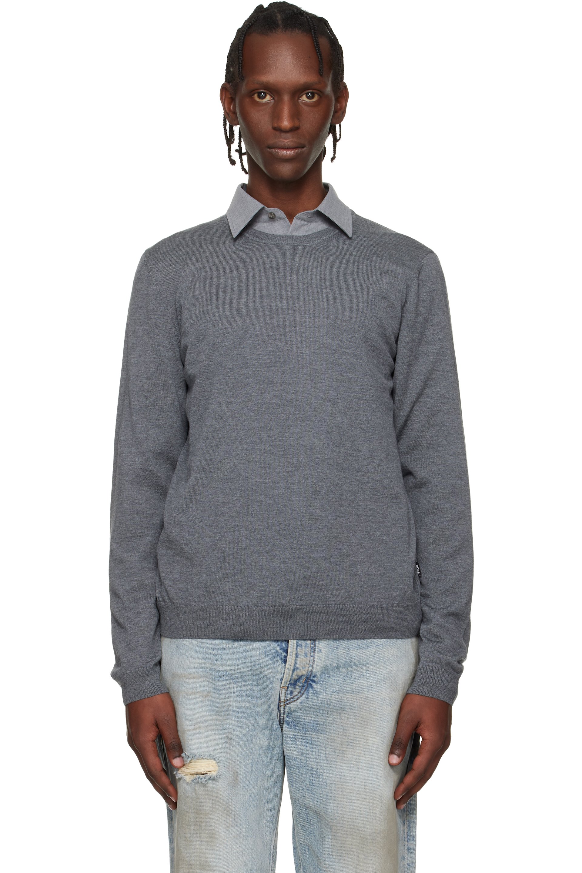 Boss - Pull ajusté gris en laine