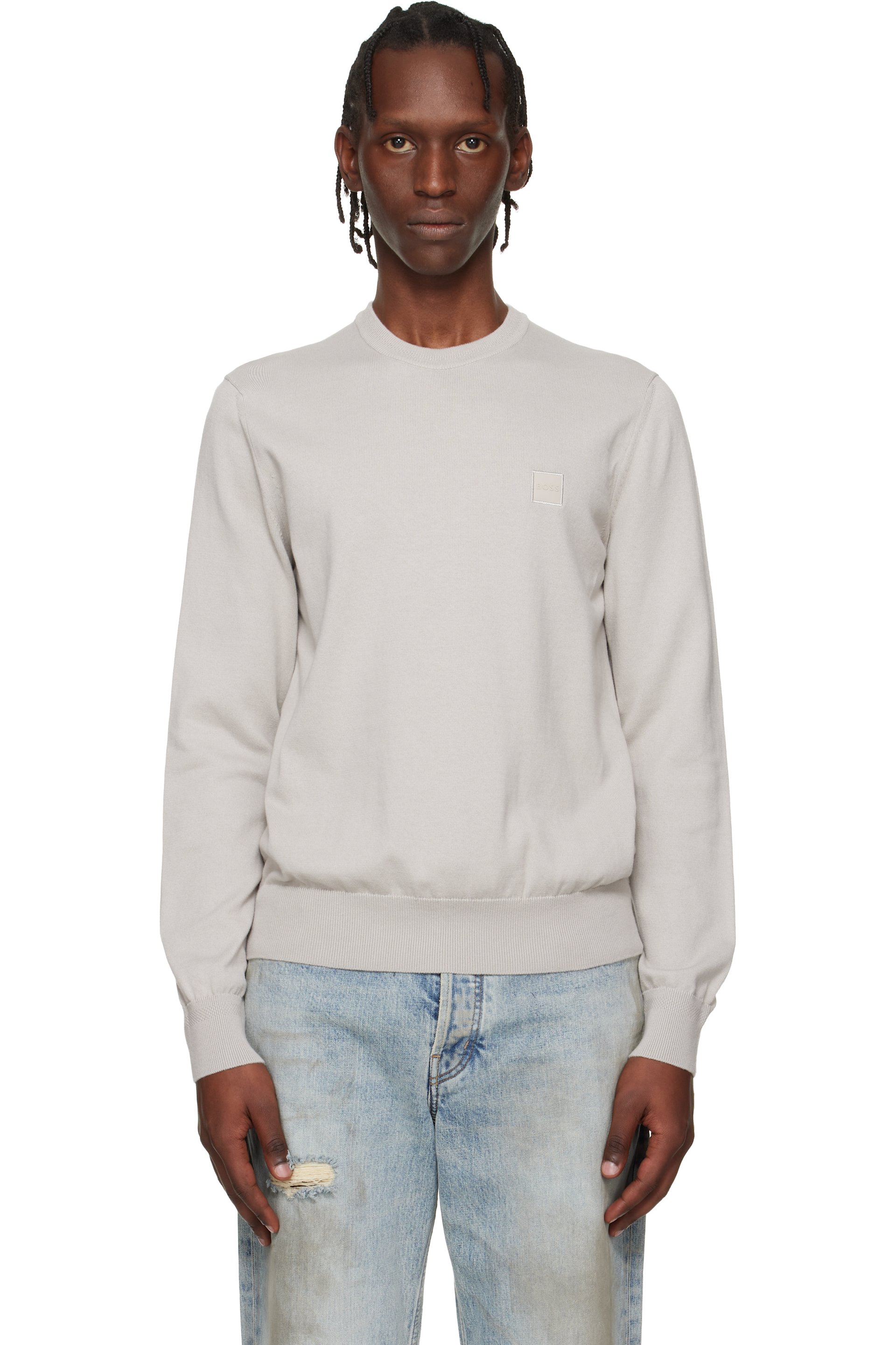 Boss - Pull gris en coton et cachemire à écusson à logo