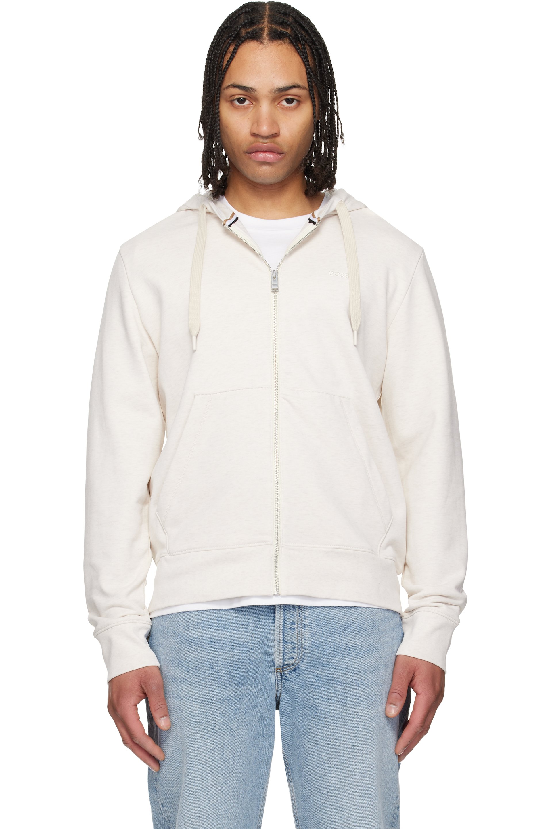 Boss - Pull à capuche blanc cassé en jersey bouclette à logo ton sur ton