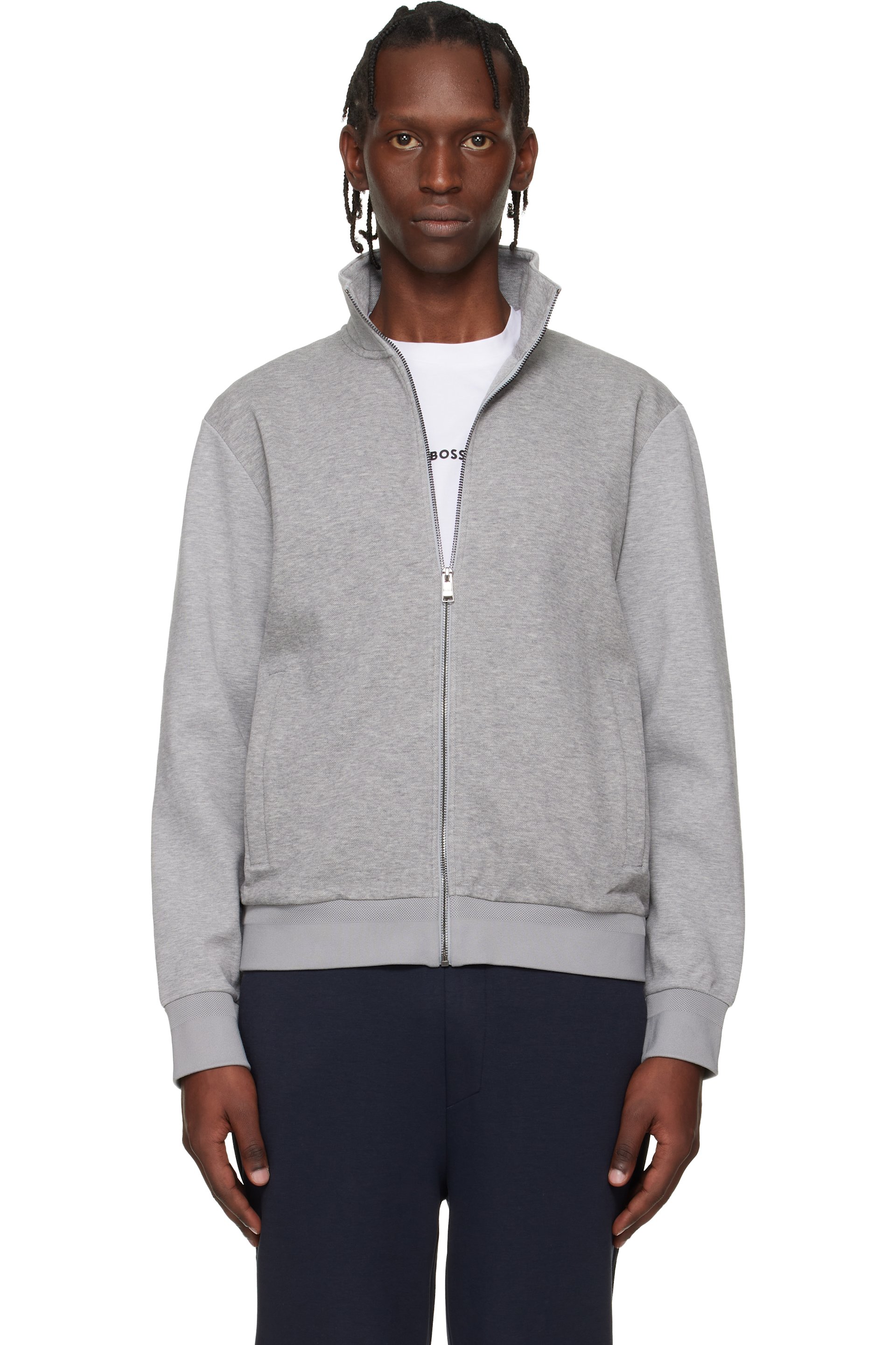 Boss - Pull molletonné gris en piqué extensible de coton mercerisé à glissière