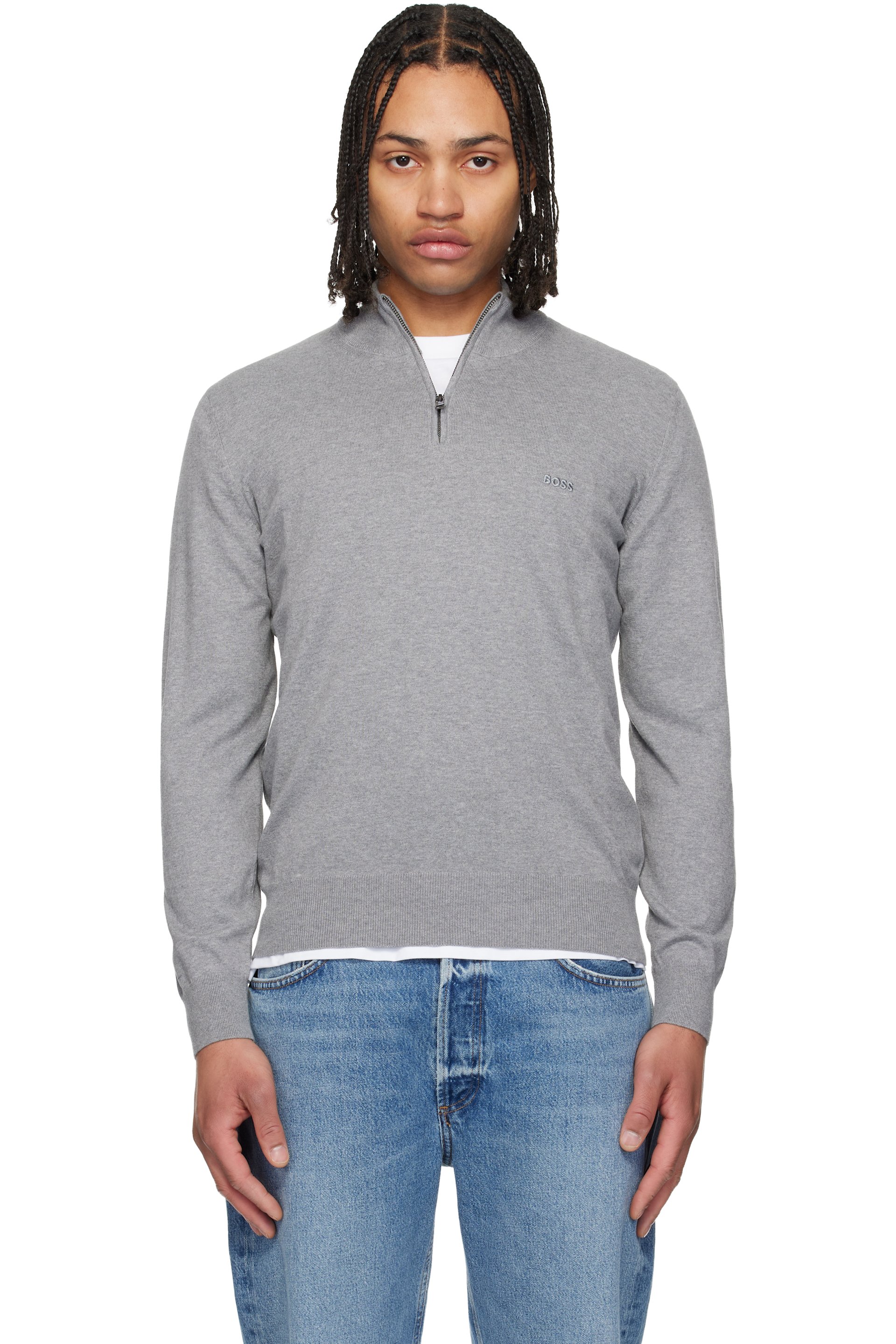 Boss - Blouson de survêtement gris en tricot de coton à demi-glissière