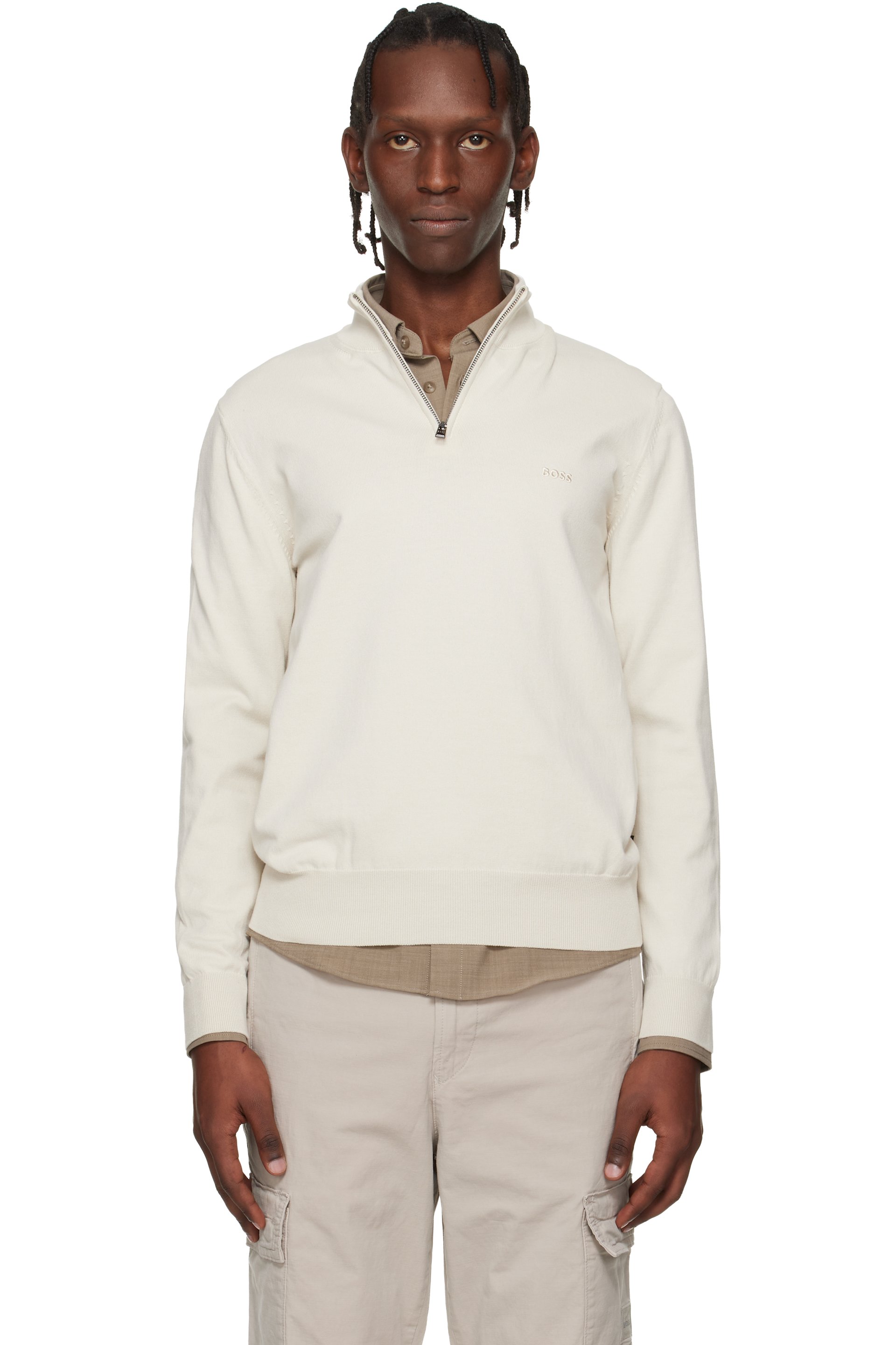 Boss - Pull blanc cassé en tricot de coton à demi-glissière
