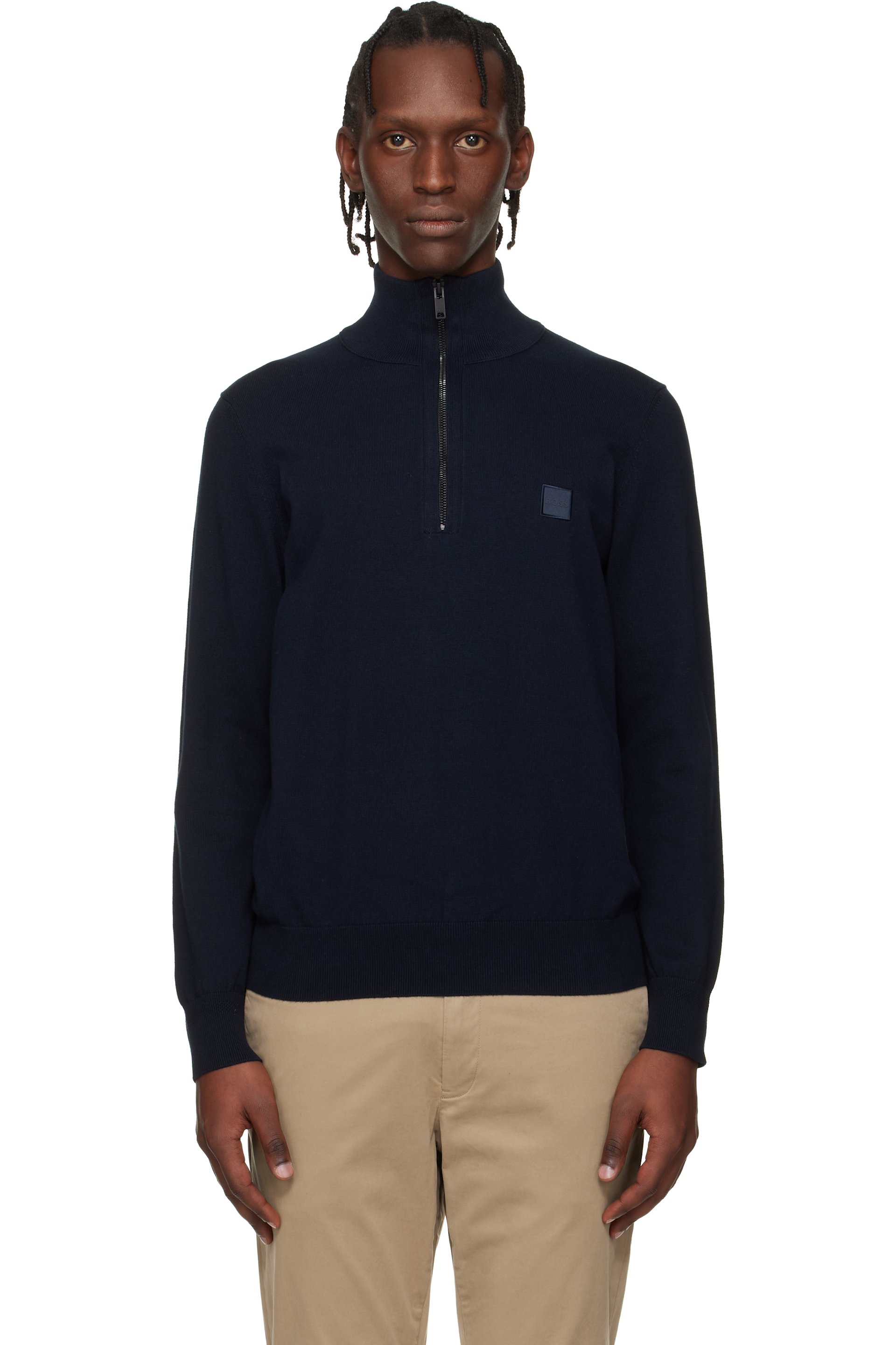 BOSS: Navy Zip-Neck Cotton & Cashmere Sweater | SSENSE