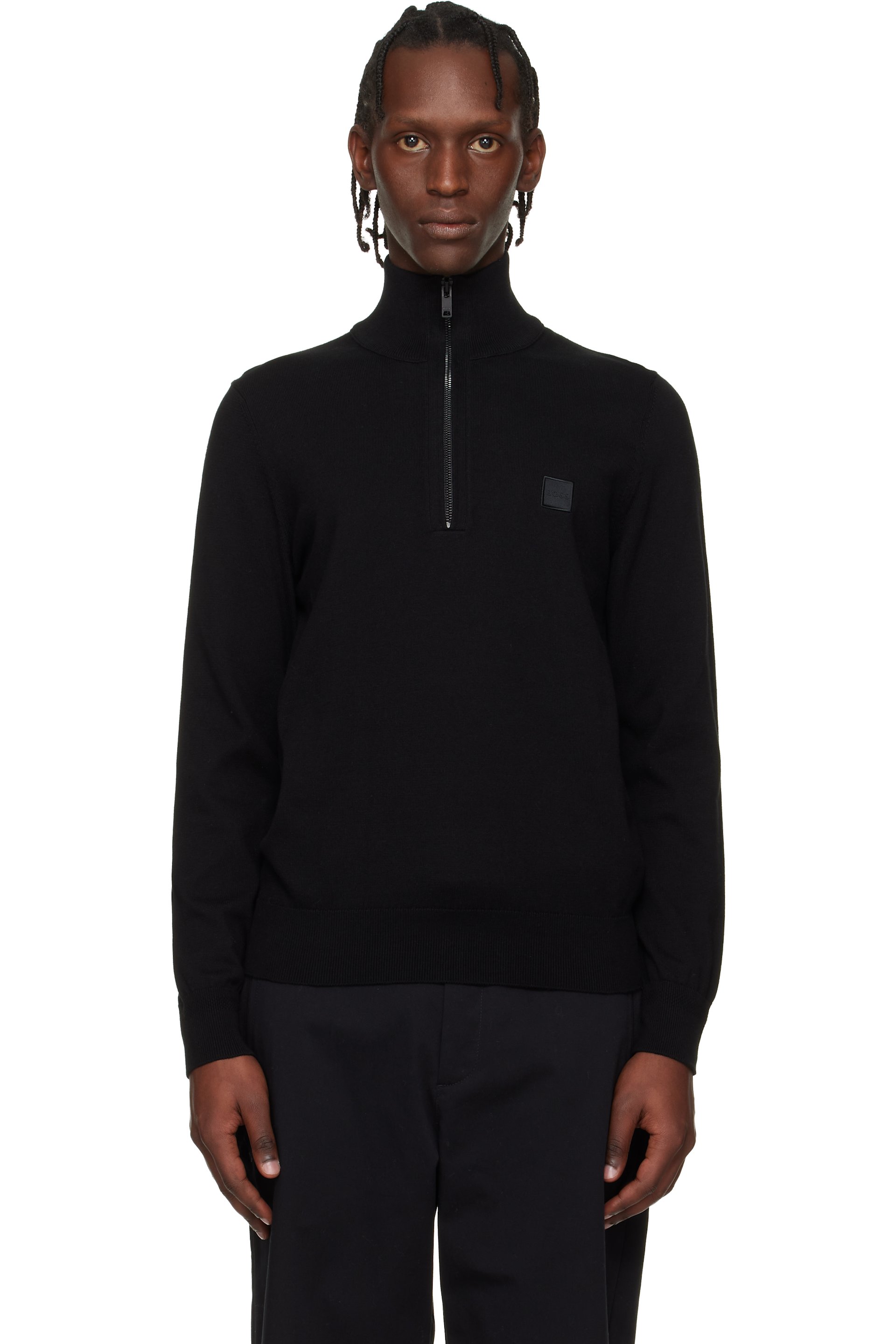 Boss - Pull noir en coton et cachemire à demi-glissière