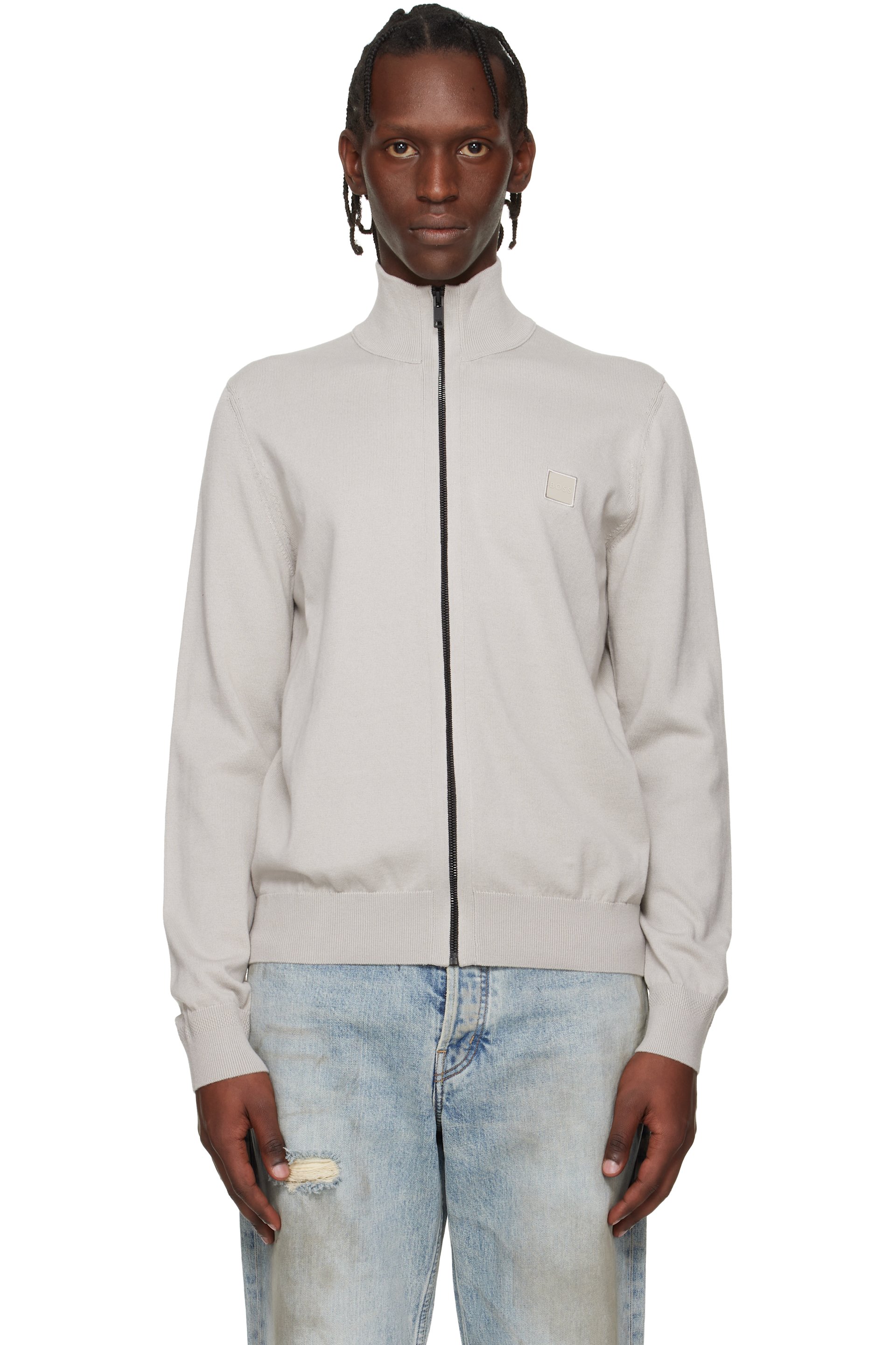 Boss - Pull molletonné gris en tricot de coton et cachemire à écusson à logo