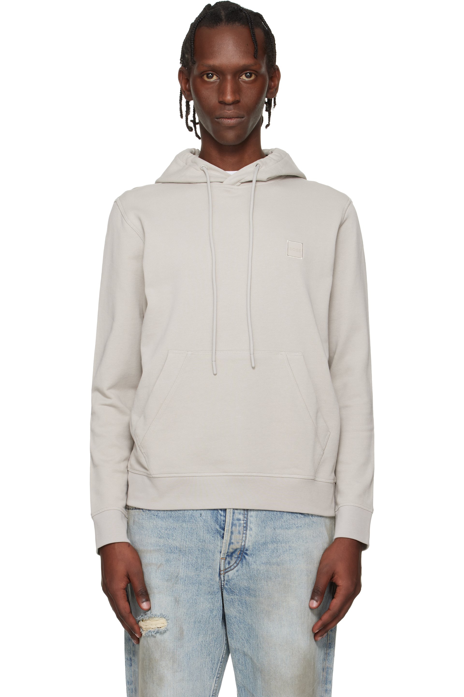 Boss - Pull à capuche gris en jersey bouclette de coton à écusson à logo