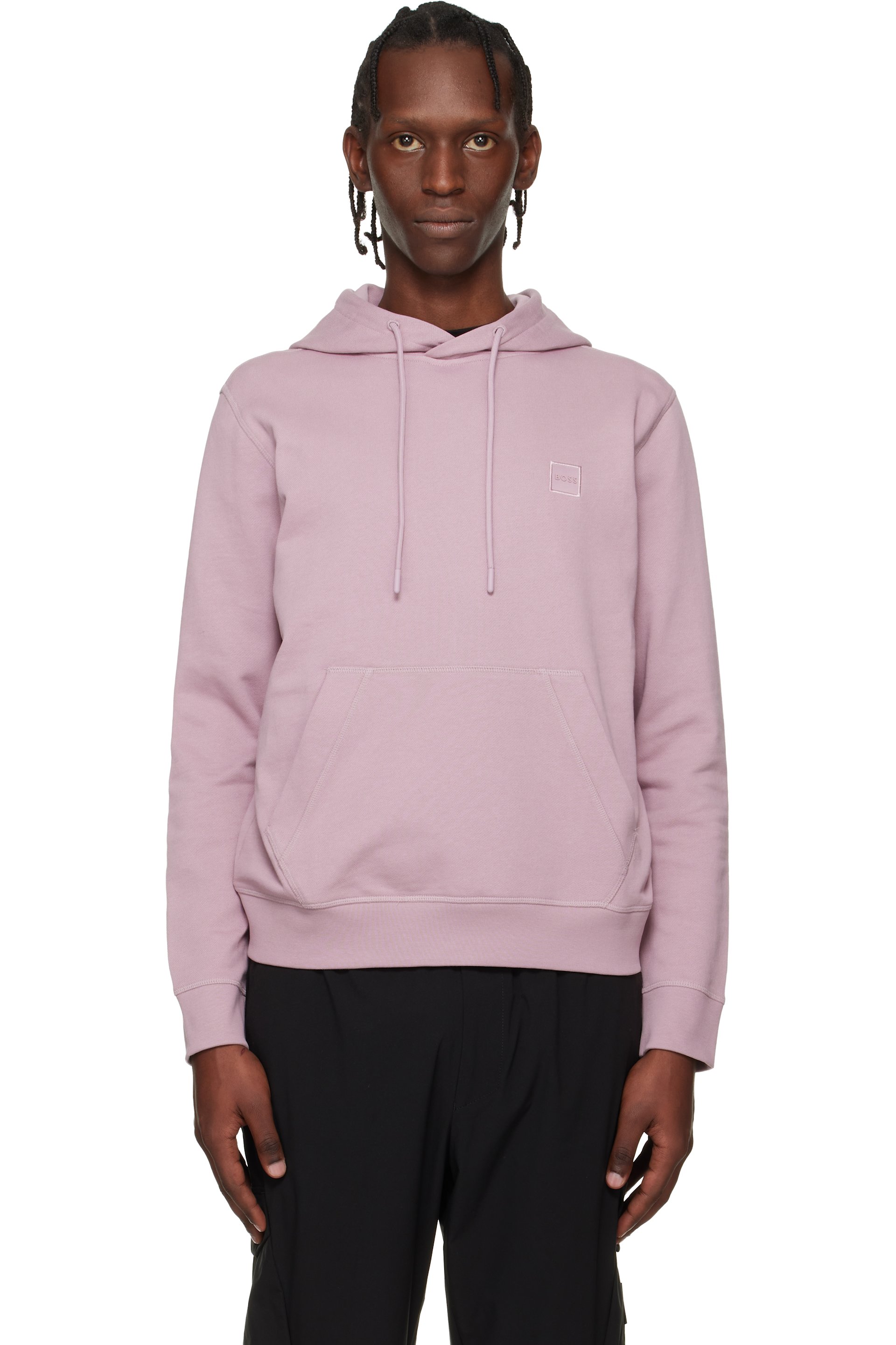 Boss - Pull à capuche mauve en jersey bouclette de coton à écusson à logo